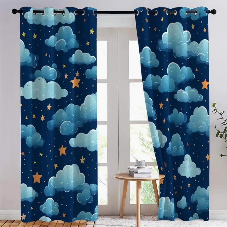 Rideau Occultant Nuages, Rideau Isolant Thermique pour Salon Chambre, Rideaux Motif étoiles, Rideau Opaque à Oeillets, Lot de 2 Rideaux et Draperies Intérieurs 140x220 cm (LxH)