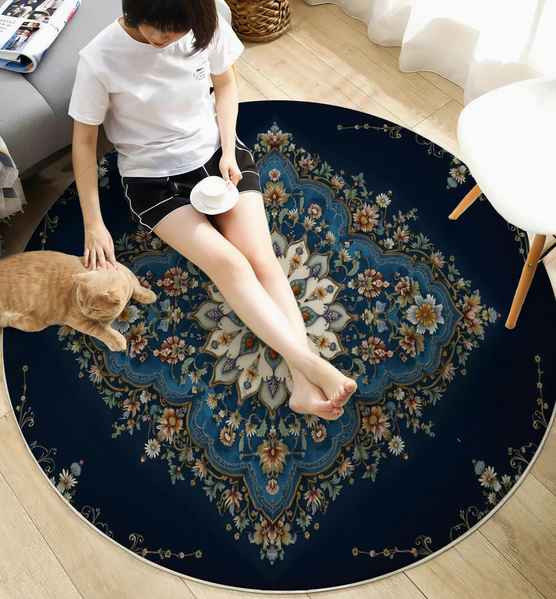Tapis Rond 120cm Lavable Machine, Moquette Antidérapante Poil Bas Style Style de Tapis Persan, Motif Motif Floral géométrique Doux pour Salon, Chambre, Cuisine, Nursery, Bureau Bleu foncé