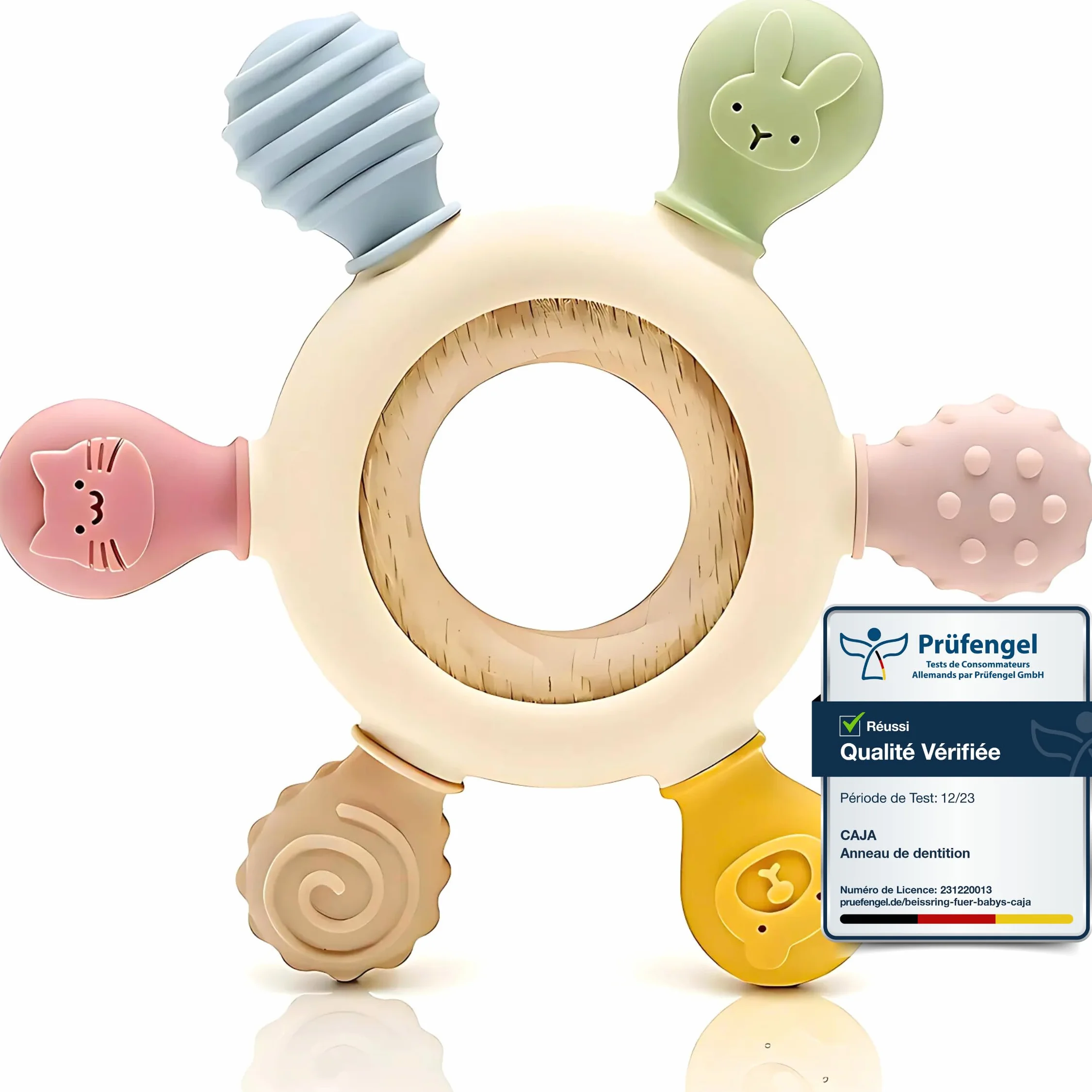 Anneau de dentition bébé silicone bois jouet dentition sans BPA motif animal