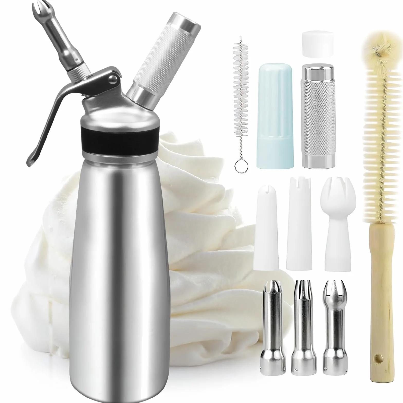 Siphon à Chantilly en Aluminium 500 ML, Distributeur de Crème Fouettée avec 3 Douilles INOX