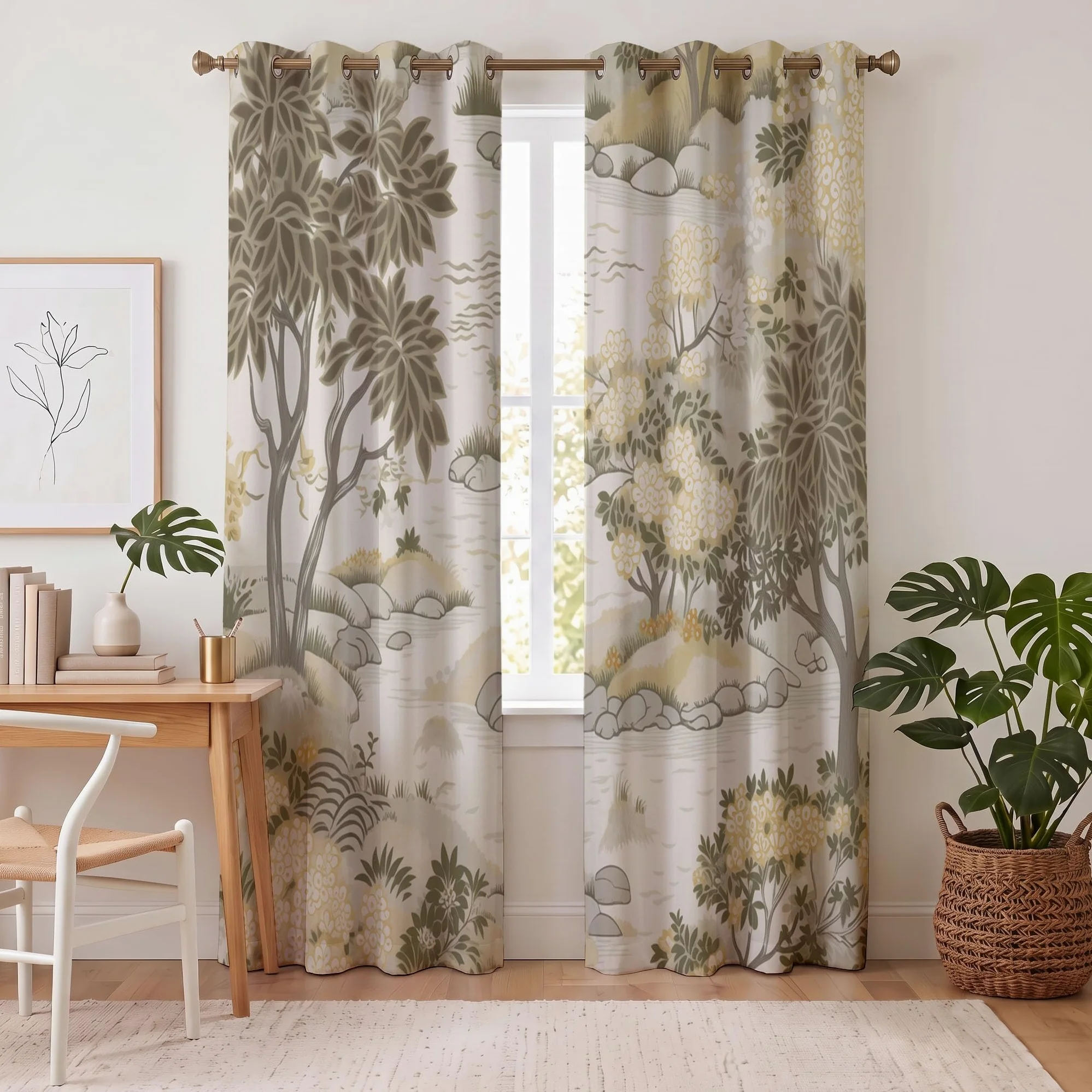 Rideau Occultants Paysage De Jardin Japonais Beige 140X160 Cm (Lxh) | Rideau Opaque Thermiques Plantes Élégantes Rivières Pour Chambre D'Enfant, Lot De 2 Draperies Intérieurs À Oeillets