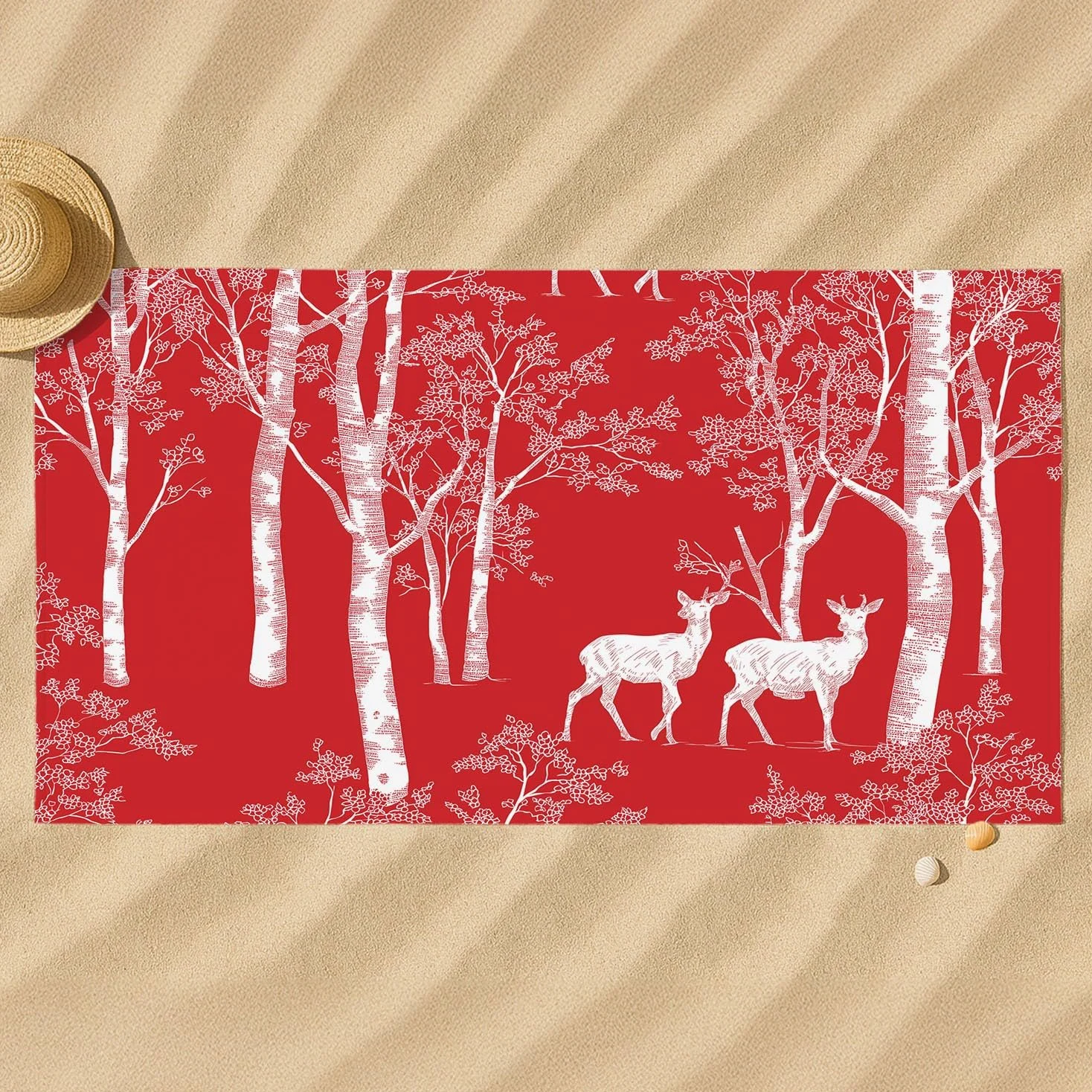 Générique Serviette de Plage Microfibre 230 x 210 CM,Drap de Plage Nordique, Forêt, Silhouette, Couverture de Plage Absorbante,Couverture de Bain Bouleaux, Rennes, Silhouettes