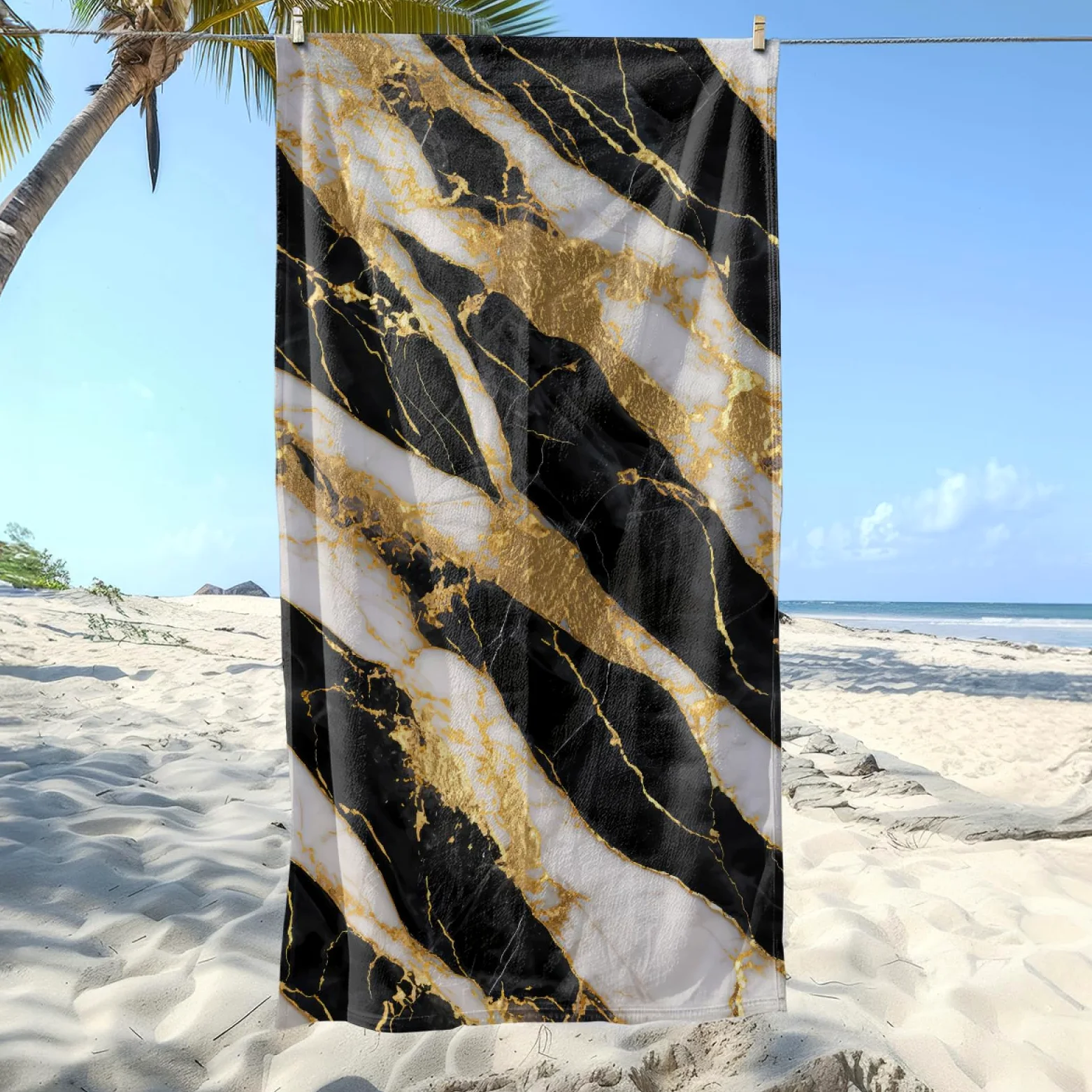 Serviette de Plage Marbre Or Noir Drap de Plage Anti Sable Portable Serviette de Bain XXL Piscine Toilette Sport Microfibre Ultraléger Towel Absorbant Séchage Rapide 200x200cm