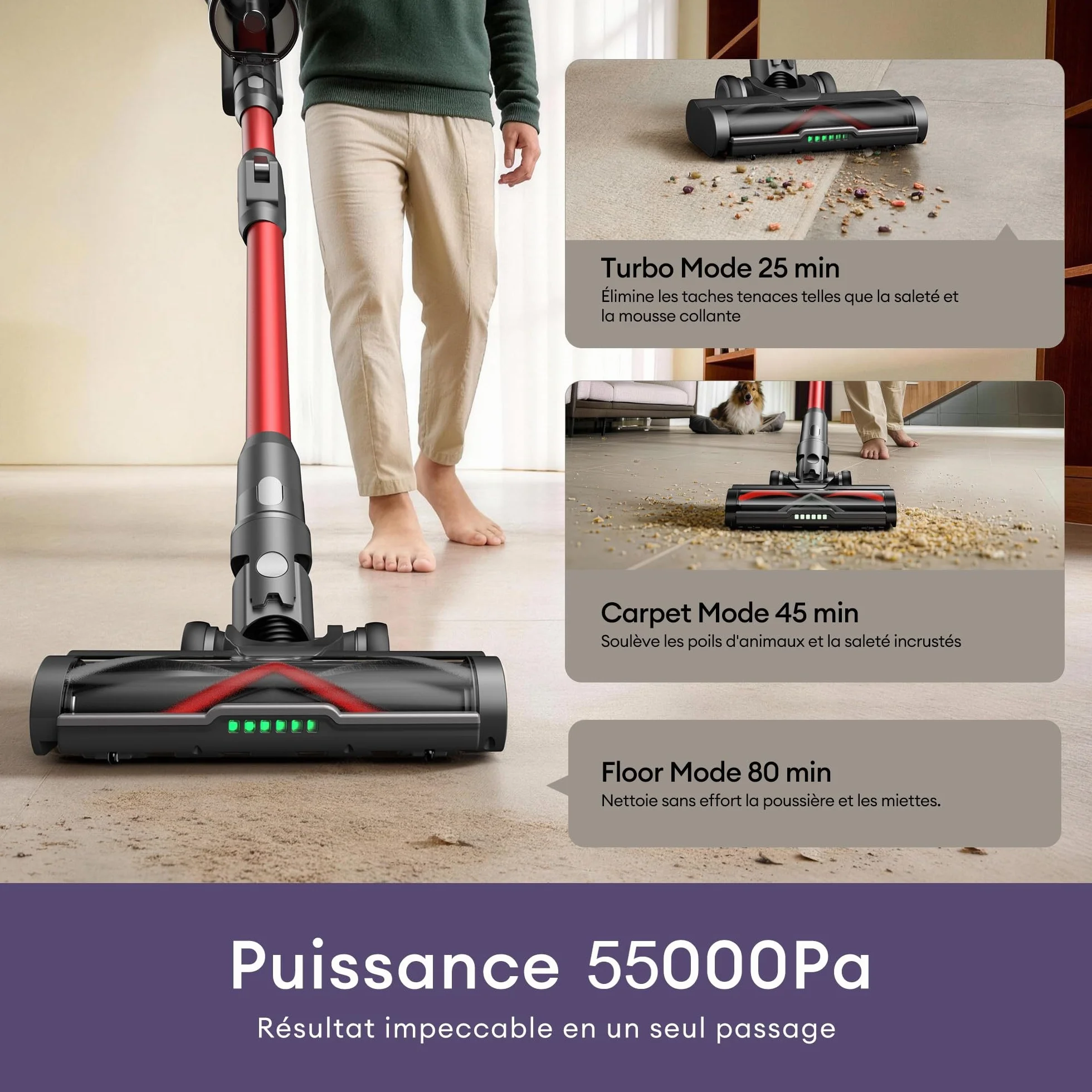Ultenic U18 Pro Aspirateur Balai sans Fil 55kPa 80min HEPA H13 Poils d'animaux