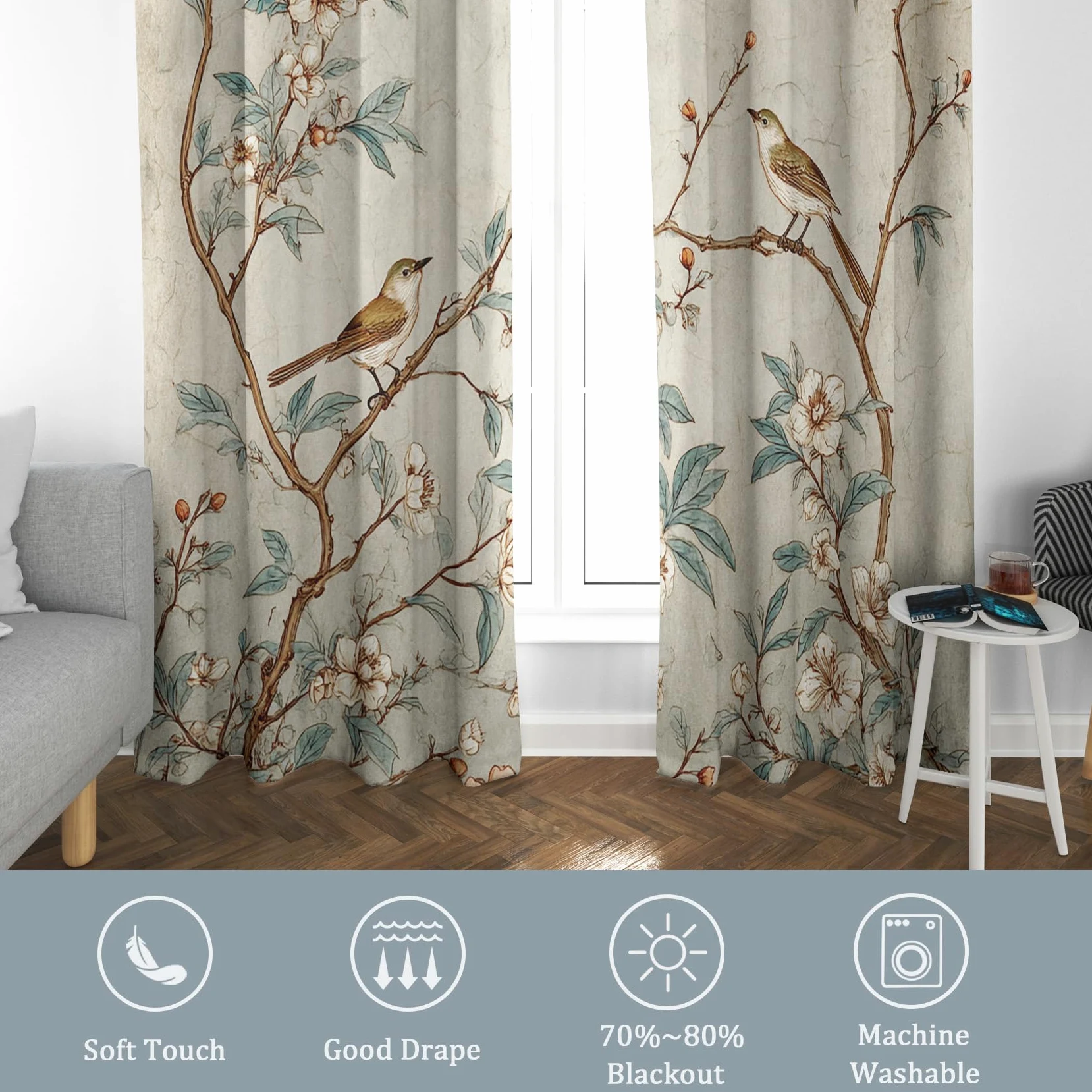 Rideaux Occultant Fleurs Oiseaux, Rideau Isolant Thermique pour Salon Chambre, Motif Branche d'arbre, Lot de 2 Décoration de Fenêtre Opaque 140x200cm LxH, à Oeillets