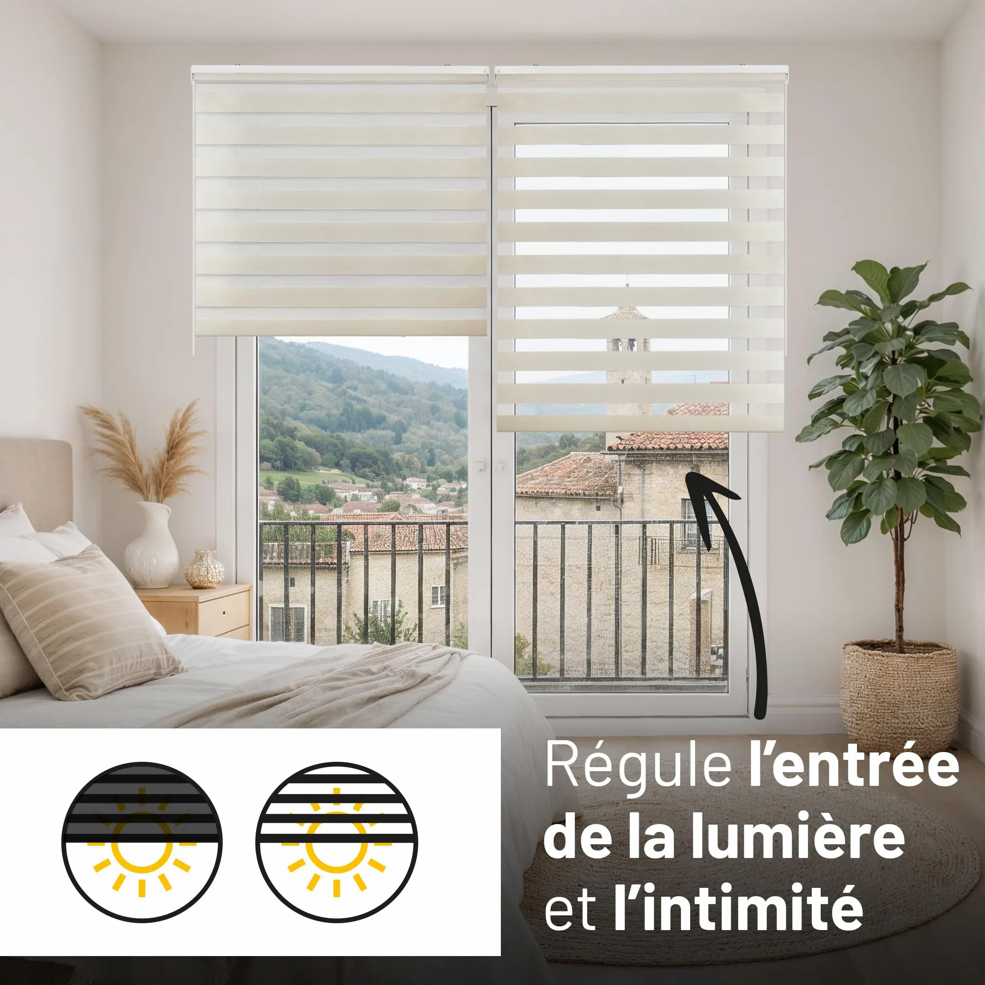 Store Jour Nuit Enrouleur pour fenêtres Tissu Double 120x250 cm Lin | Installation facile mur/plafond Largeur tissu 117,5 cm Stores enrouleurs intérieurs Qualité Premium Maison StoresDeco