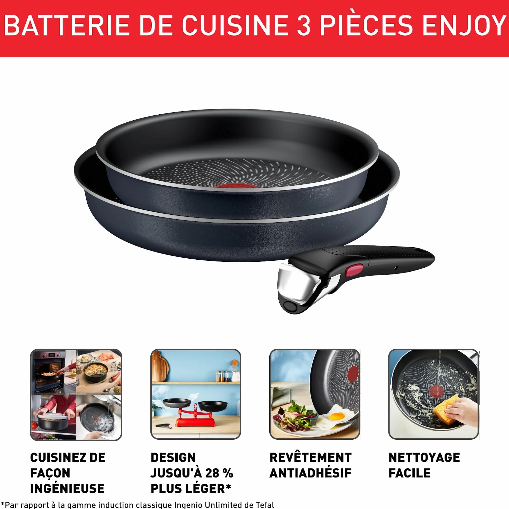 Tefal Ingenio Enjoy Lot 3 pièces Poêles légères Technologie Light Tech Poignée amovible Revêtement Titane antiadhésif