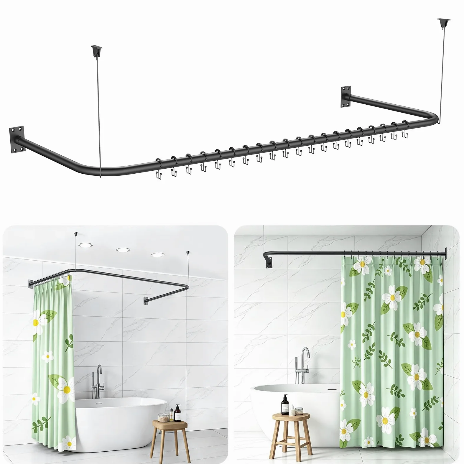 Barre de rideau de douche en forme de U/L [75-78x150-190x75-78] cm | barre de douche d'angle réglable incl. 20 anneaux de rideau, barre de douche d'angle pour baignoire noire