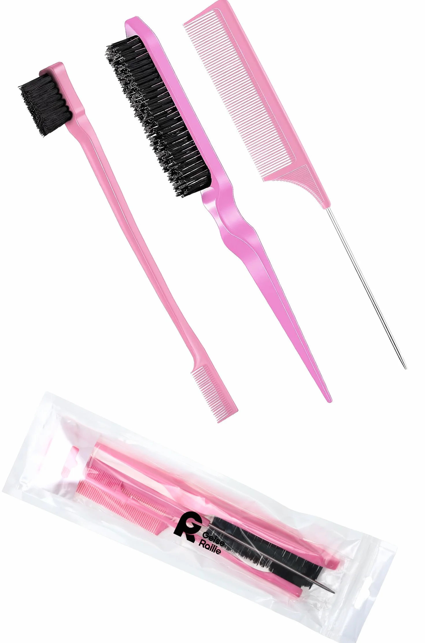 Brosse à Cheveux Double Face Peigne à Queue de Rat 3 Pièces Rose