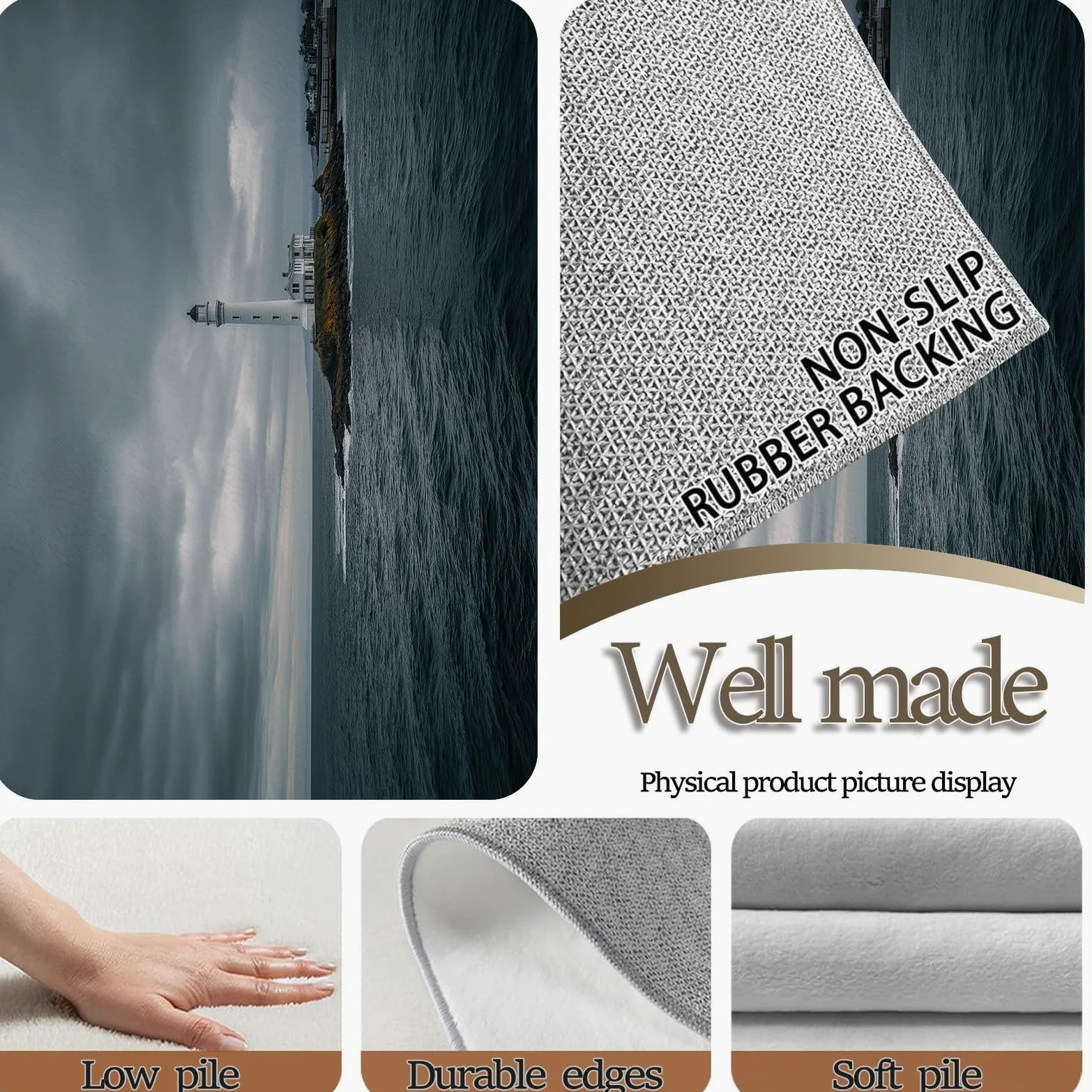 Époque Moderne Phare Mer Tapis Doux à Poils Ras, Gris 80 x 150 cm Lavable en Machine Antidérapant Tapis pour Salon Chambre Cuisine Chaise Enfants Chambre