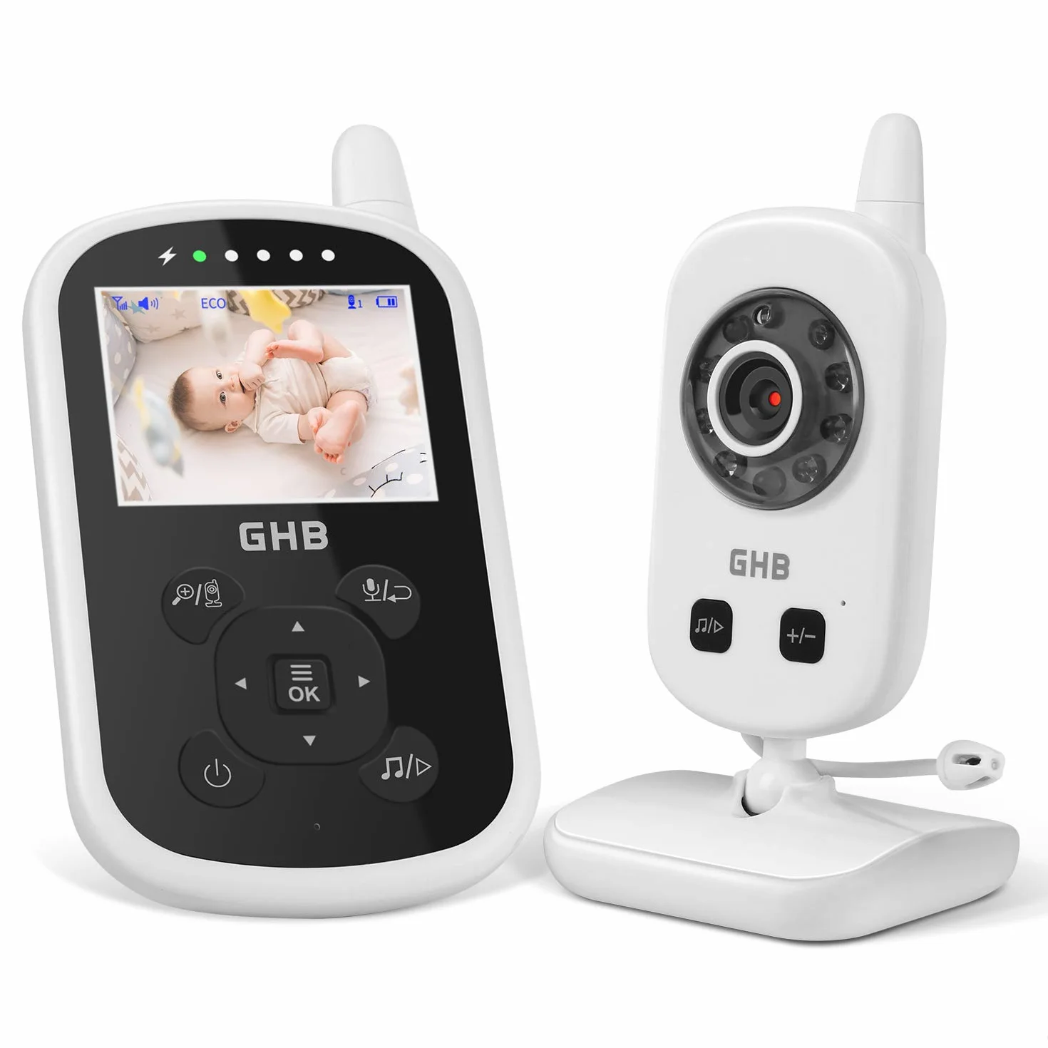 Babyphone Caméra Bébé Moniteur 2,4 pouces LCD 2,4 GHz Capteur de Température Communication Bidirectionnelle Vision Nocturne