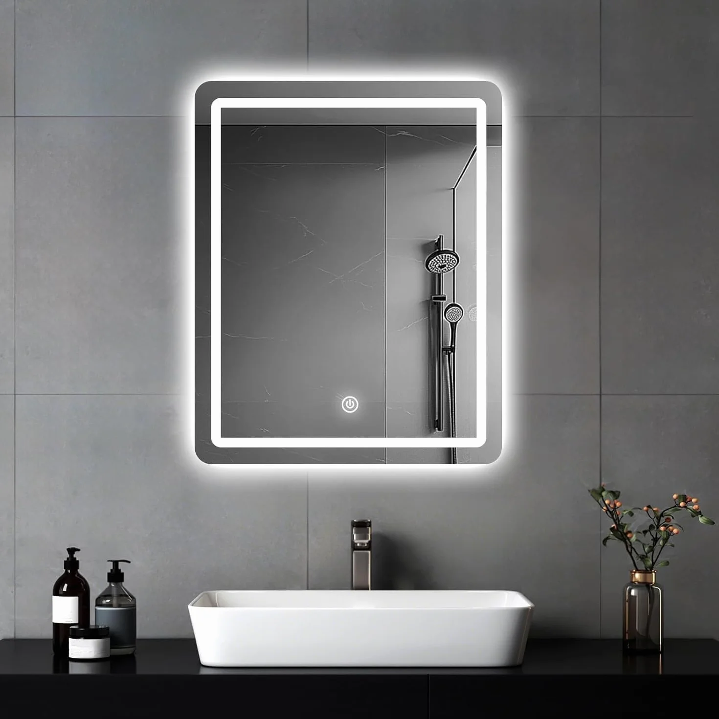 Miroir Mural Salle de Bain LED 60x45 cm 3 Couleurs Intensité Variable Interrupteur Tactile