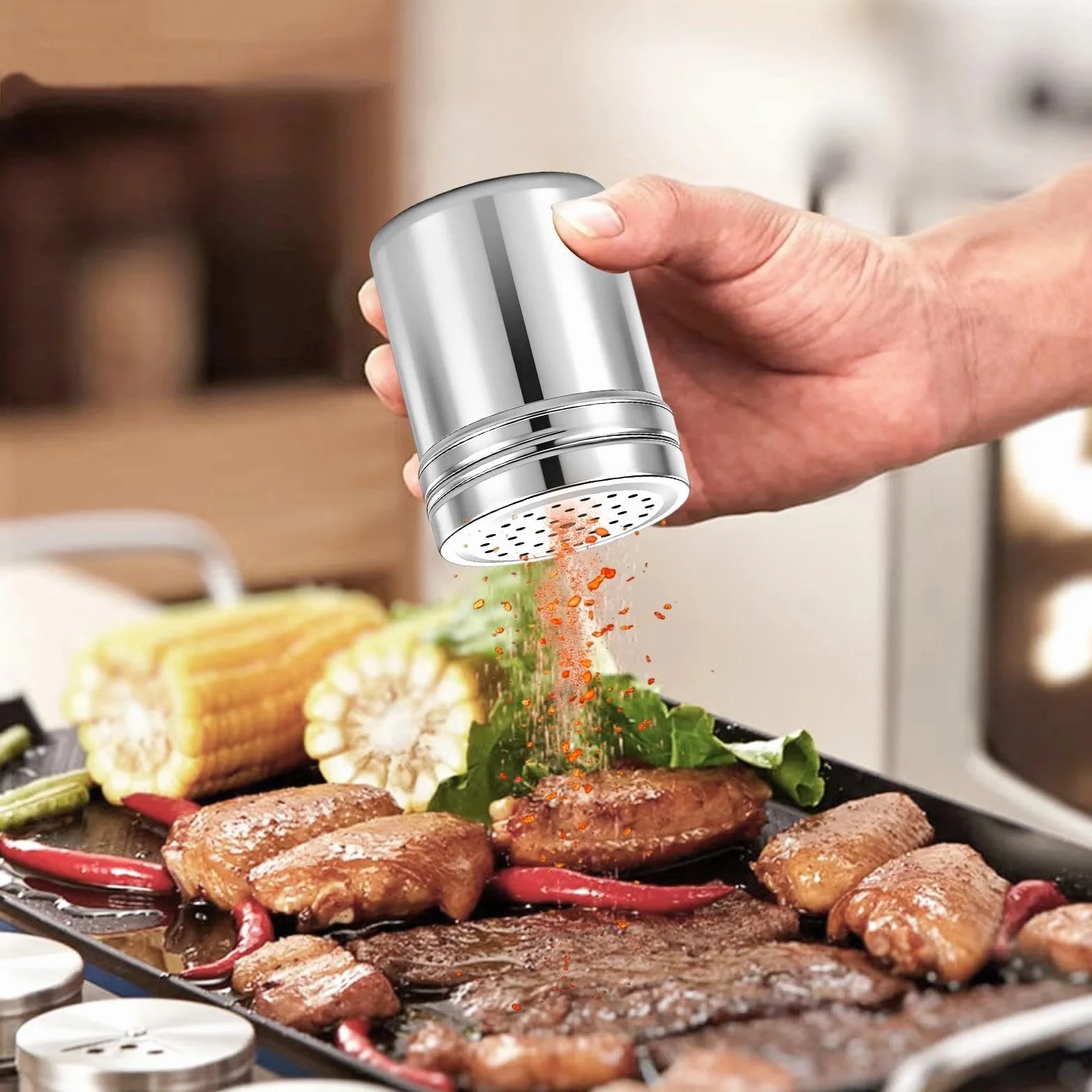Distributeur d'assaisonnement en acier inoxydable, 2 pièces, saupoudreuse à épices argent, pour sel, cannelle, paprika
