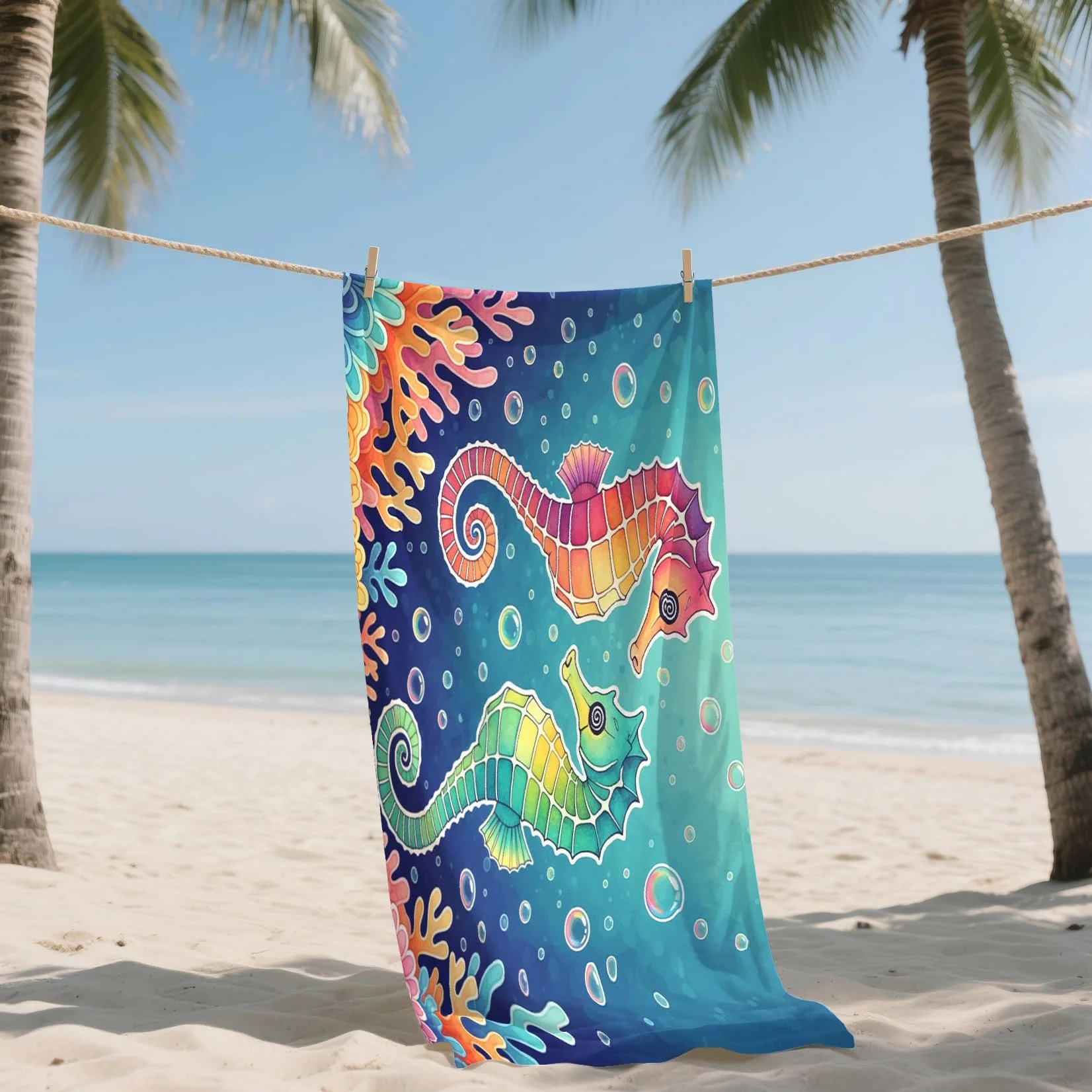 Serviette de Plage XXL Microfibre Hippocampe Animaux Marins Tropicale, Drap de Plage Séchage Rapide Anti Sable & Légère, Serviette de Bain Grande Taille 200x200 cm, Accessoire & Cadeau été
