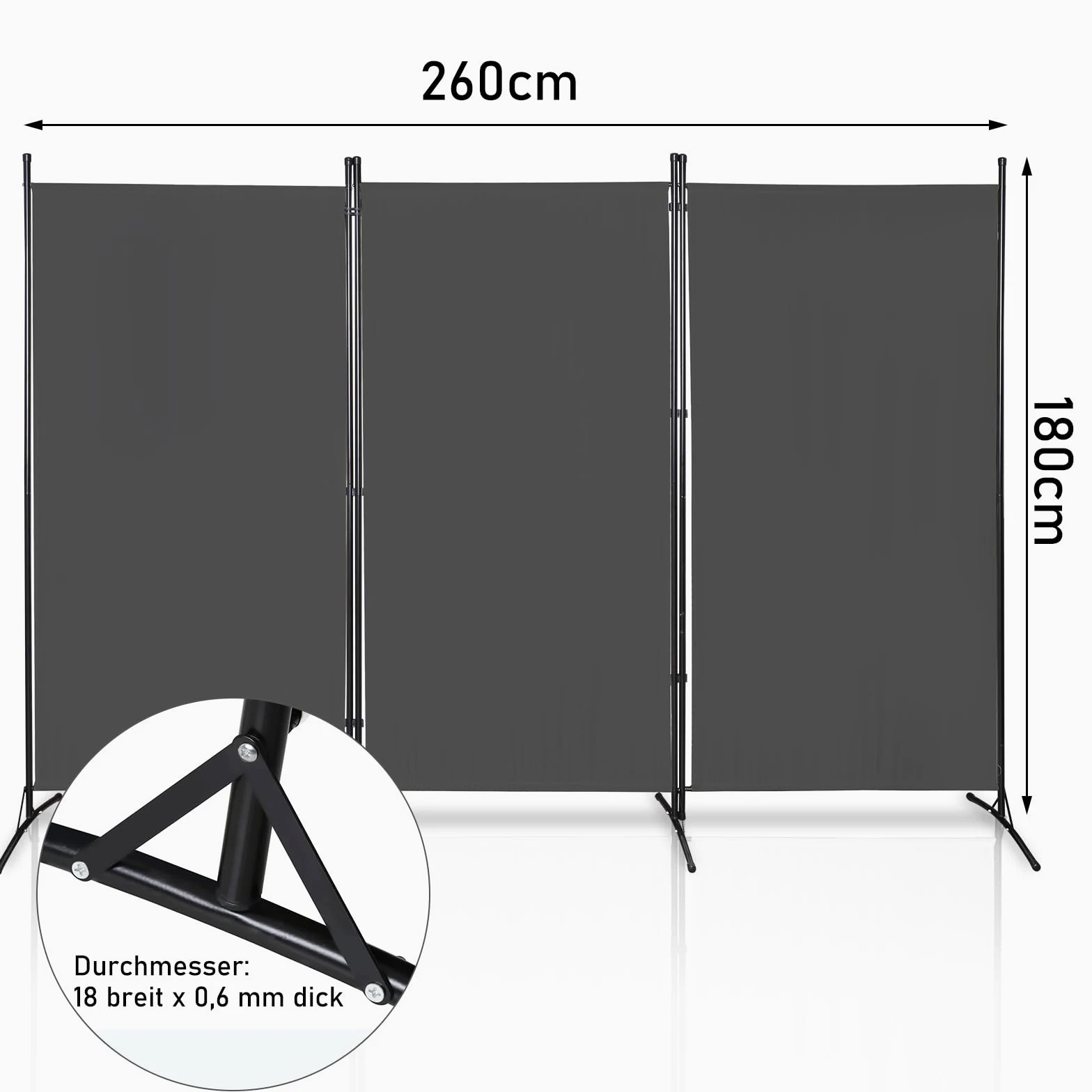 Paravent 3 Panneaux 260 x 180 cm, Brise-Vue Gris Foncé | Paravent autoportant et brise-vue pour intérieur, jardin, balcon, terrasse, bureau, salle de bain et cabine d’essayage.
