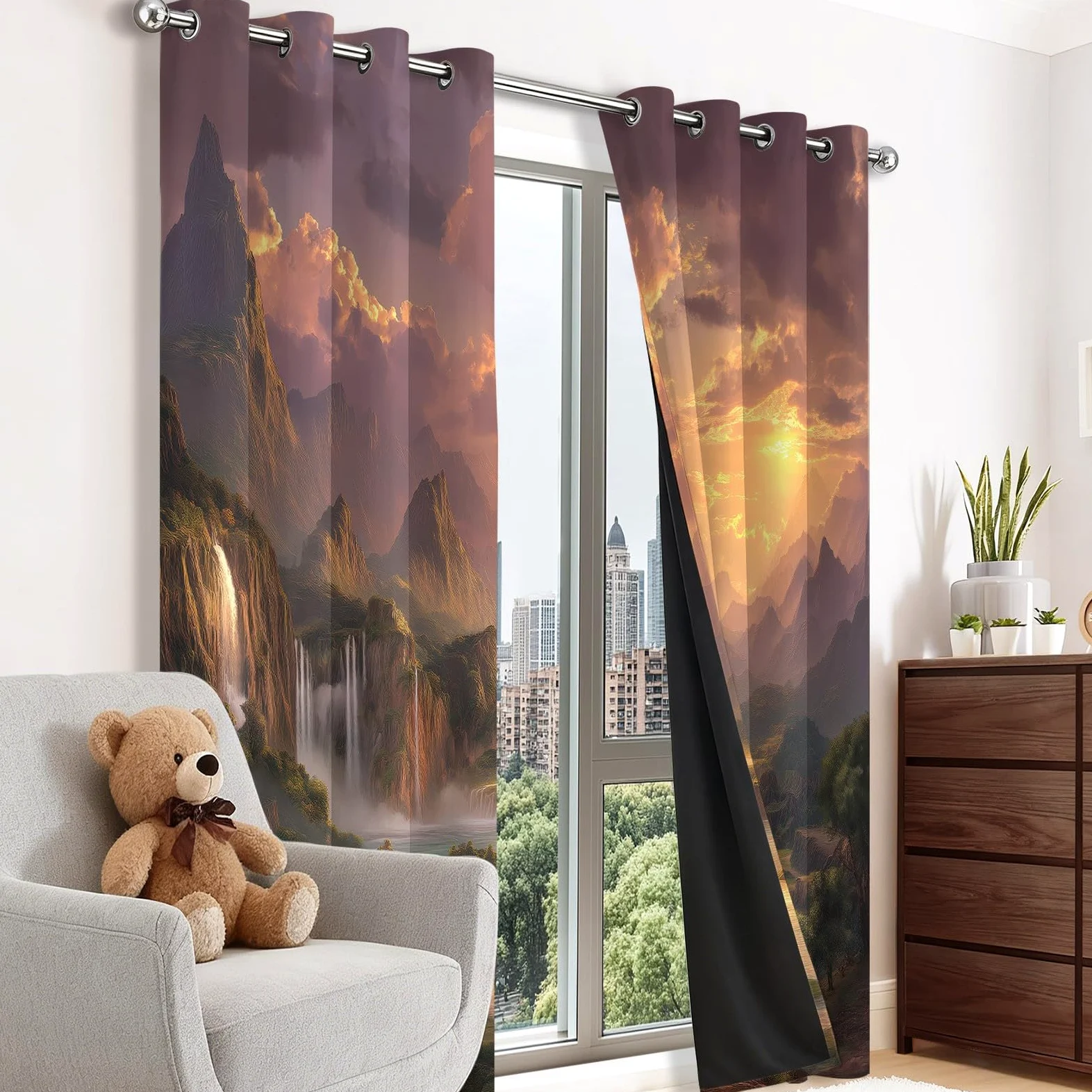 Générique Rideau Occultant, Paysage Onirique Motif Rideaux Thermiques à Oeillets, Cascade Rivière Nuages Rideaux Imprimé pour Salon Chambre Fenetre Décoration, 140 X 260 cm (LxH), Lot de 2