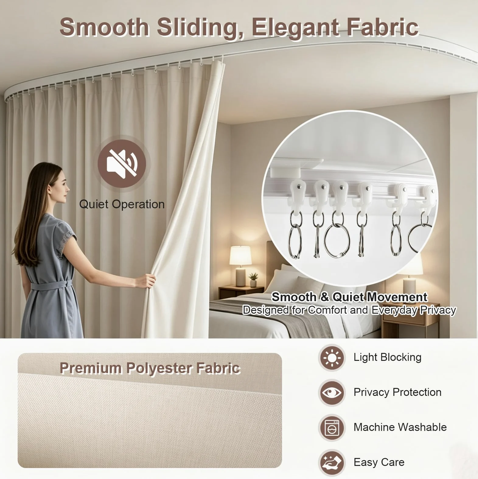 Rideau Séparation Pièce avec Rail Flexible 270cm, Séparateur de Pièce Beige | Séparez Facilement Votre Espace avec Rail Plafond Flexible, Rideau 254x213cm, pour Chambre, Salon, Bureau et Dressing