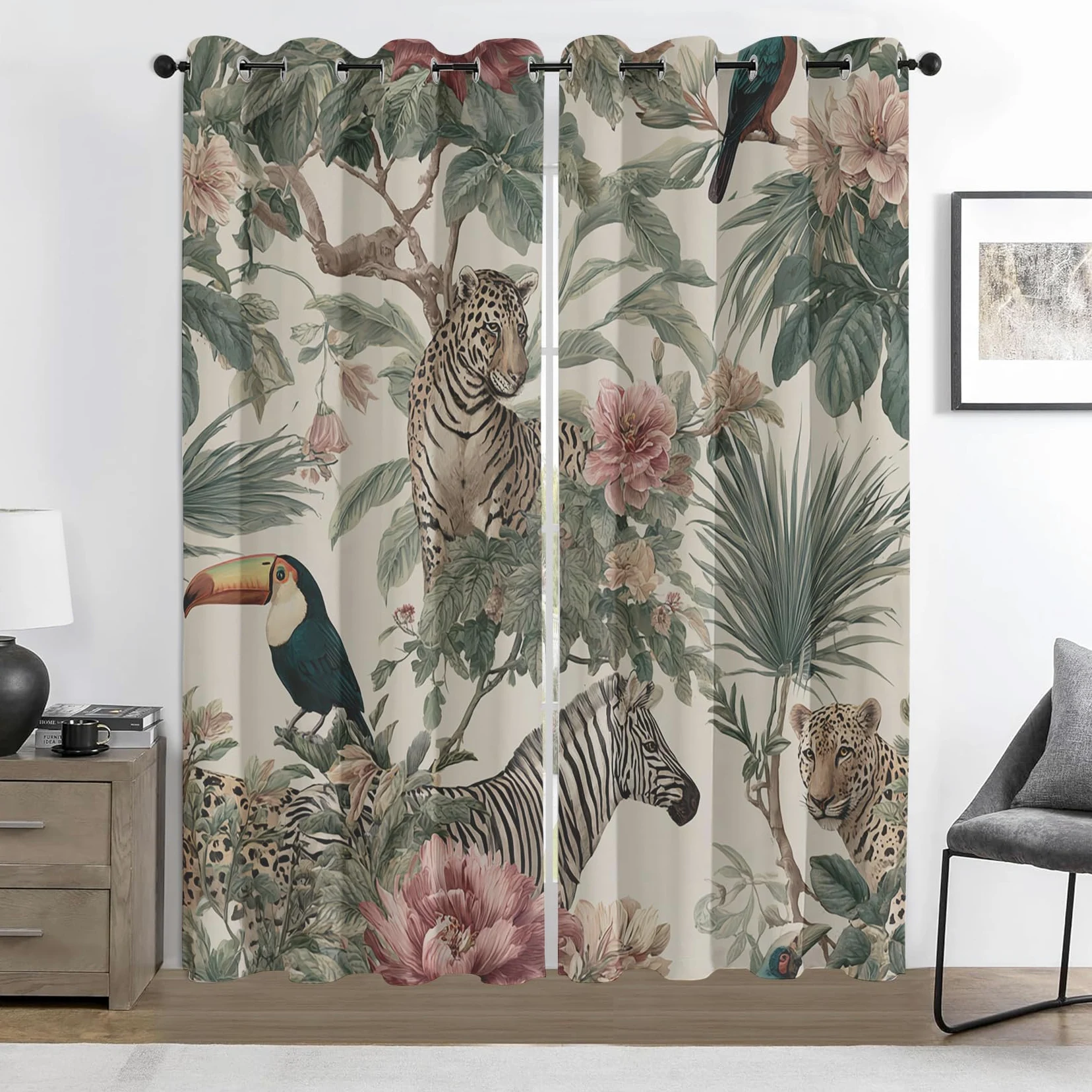 Rideau Occultant Jungle Tropicale, Rideaux Motif Safari Animaux, Rideau Thermique Chambre Salon Fenetre, Fleurs Feuilles de Palmier Lot de 2 Rideaux et Draperies Intérieurs à Oeillets, 140x240cm, yi5