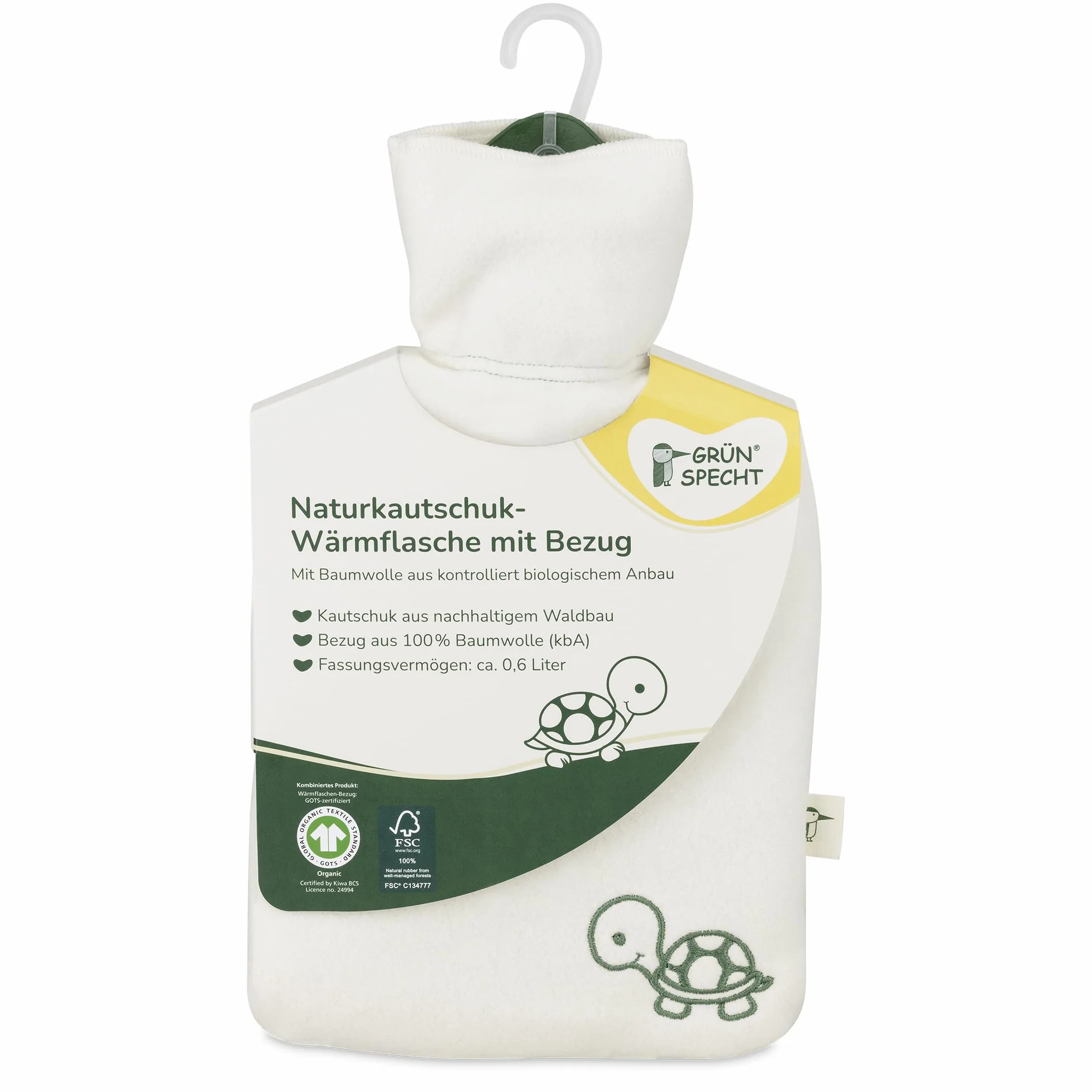 GRÜNSPECHT Bouillotte en caoutchouc naturel avec housse blanche bio 100% coton GOTS