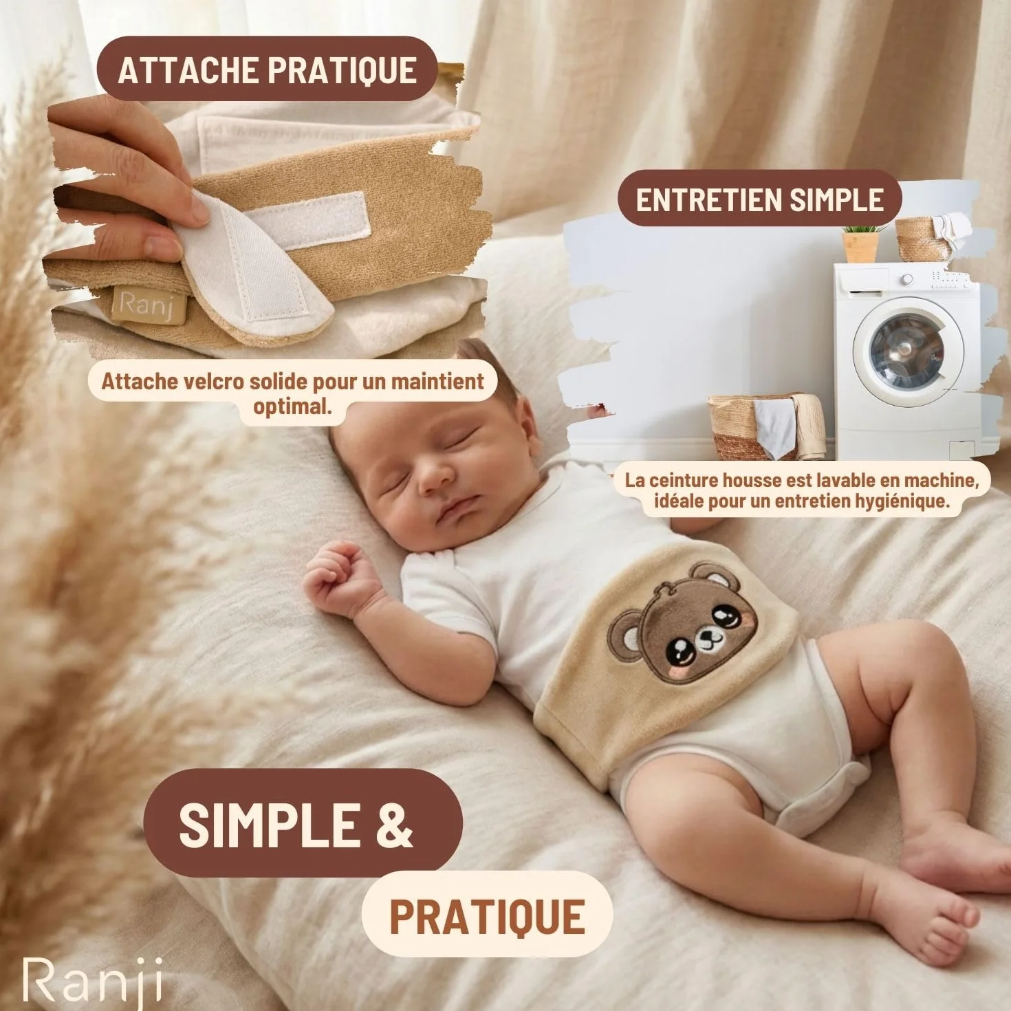 Bouillotte Bébé Anti Colique à Noyaux de Cerise Ceinture Chauffante Micro-ondes OEKO-TEX Coton Bio GOTS Ourson