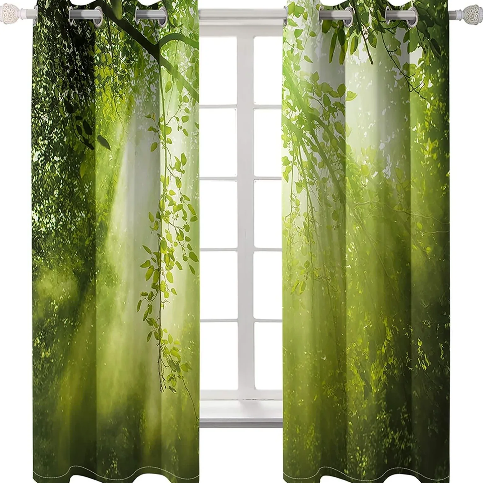 Rideau Stof Polyester, Rideau Anniversaire Vert Branches et Soleil Décoration Chambre Salon 102L x 214H CM Lot de 2