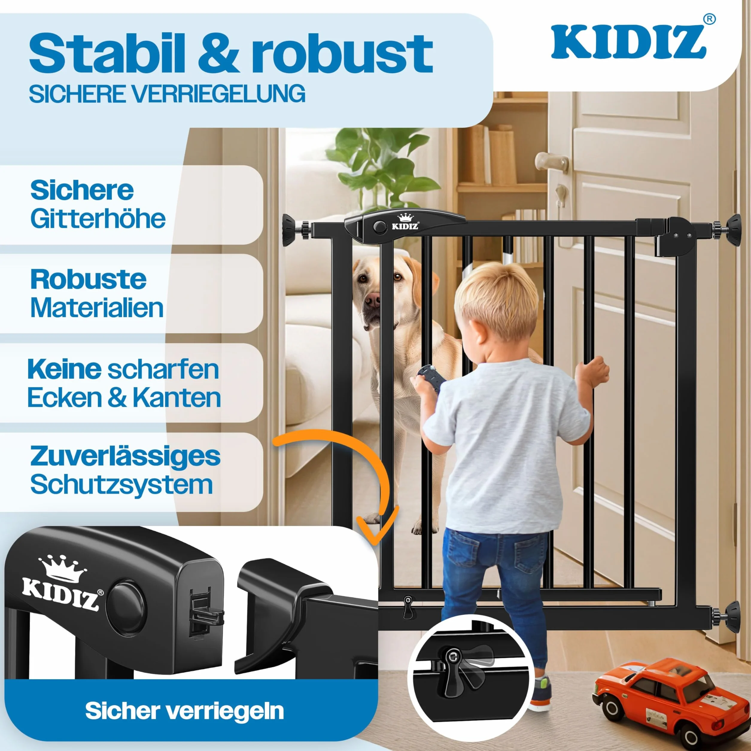 Barrière de sécurité d'escalier KIDIZ sans perçage 88-94 cm 75 cm pour enfants et chiens ouverture une main