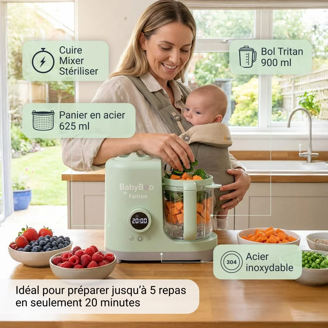 BabyBoo Robot Pappa 7-en-1 Cuisson vapeur mixage 20 min 300 W chauffe-biberon stérilisateur verre Tritan acier inoxydable écran digital