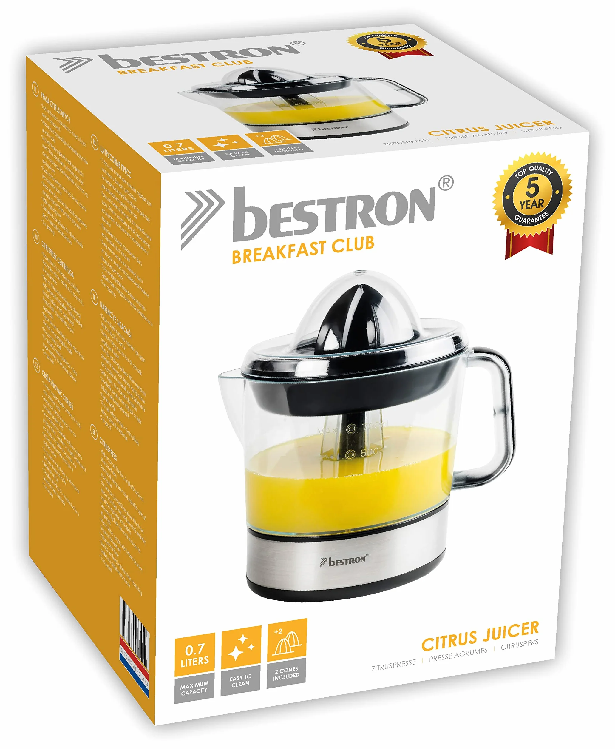 Bestron Presse-agrumes électrique 0.7 L Argent avec 2 cônes