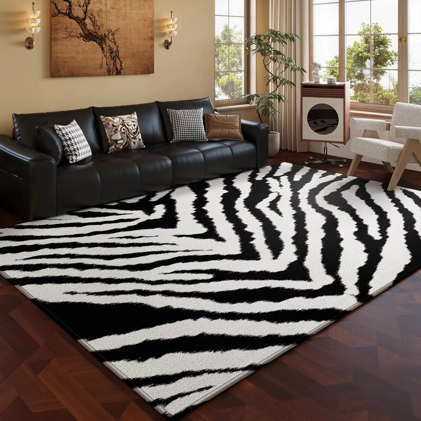 Tapis Zèbre Noir et Blanc Motif Zébré Salon Chambre Moderne Flanelle Doux Moelleux Poil Court Antidérapant Couloir Safari Imprimé Animalier Décoration Intérieure Tapis Sol (Couleur 2,160x230cm)
