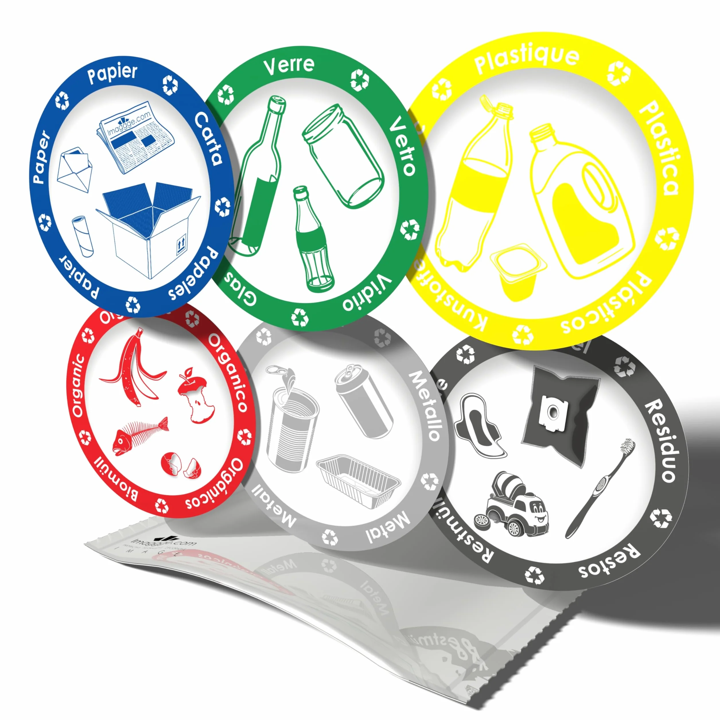 Autocollants d'information pictogrammes tri sélectif déchets poubelle 6 stickers ronds 9,5cm