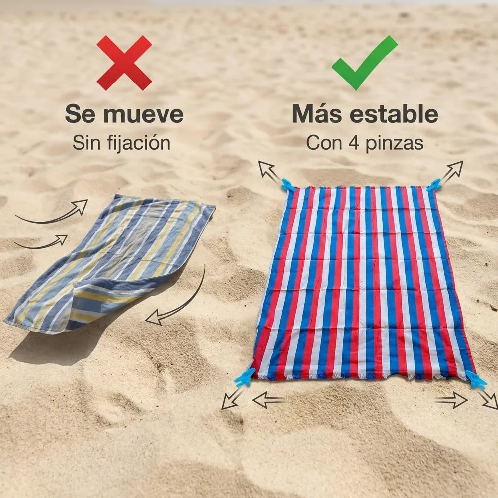 Pincho Lot de 2 grandes serviettes de plage avec pinces pour sable avec 4 pièces, anti-sable et séchage rapide XL 140 x 180 cm, rayures multicolores pour piscine et camping, avec franges