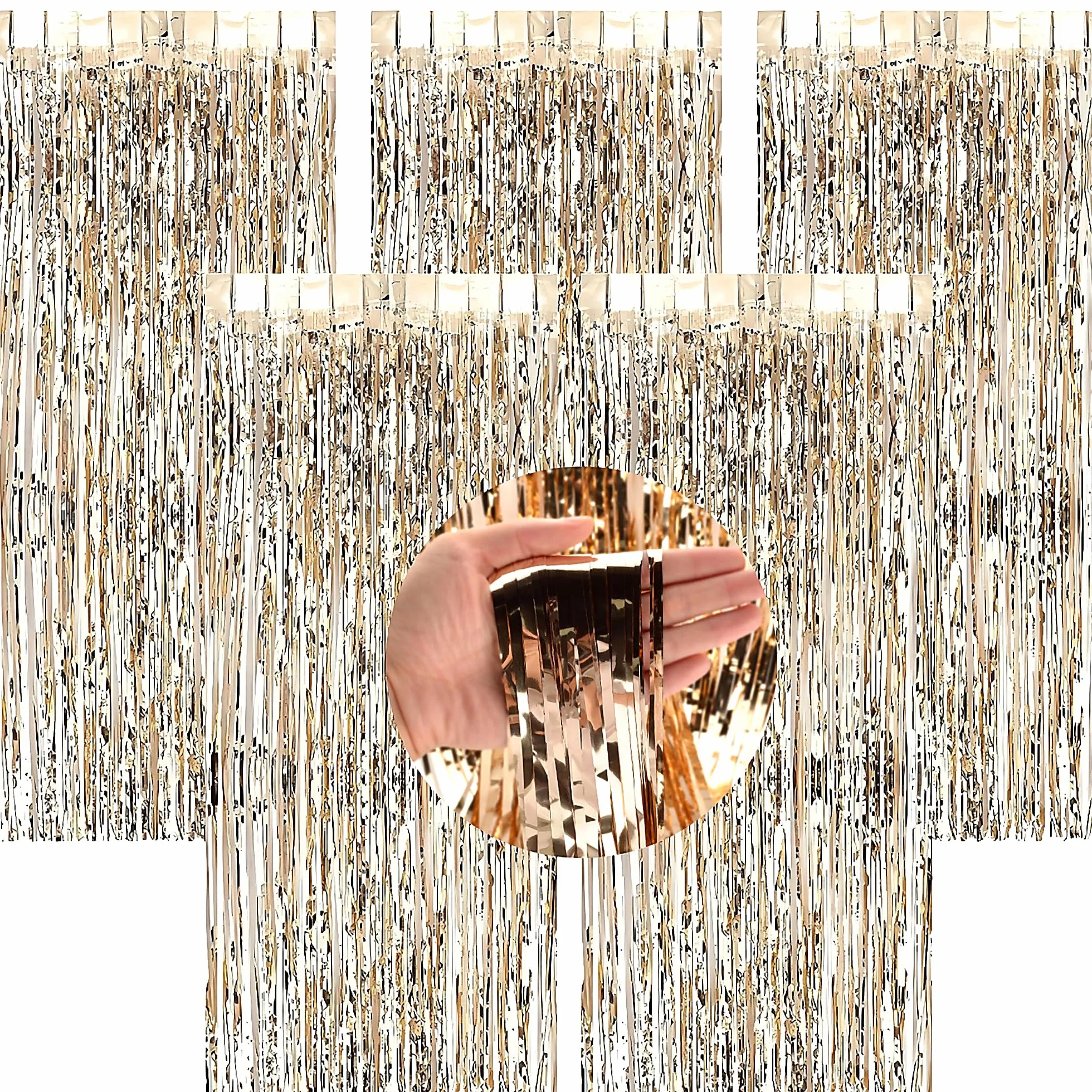 Rideau Métallique à Franges Or Champagne 5 Pièces Aluminium 1x2 m Toile de Fond Déco Anniversaire Mariage Fête Noël