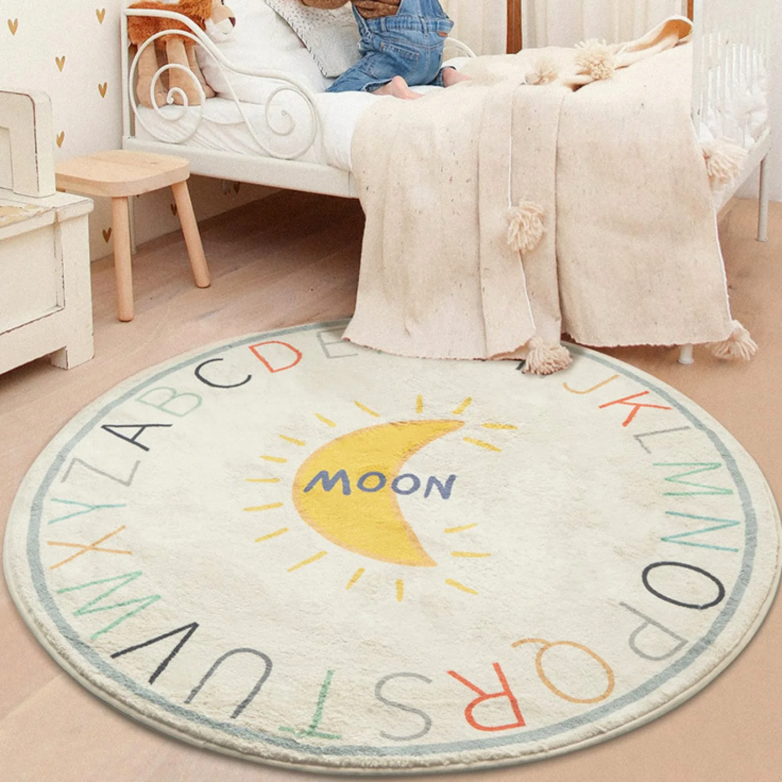 Rururug Tapis Rond, Tapis pour Enfants, Alphabet de Dessin animé Lune Couloir Salon entrée Moquette décoration d'intérieur Tapis Lavable antidérapant, ø140 cm