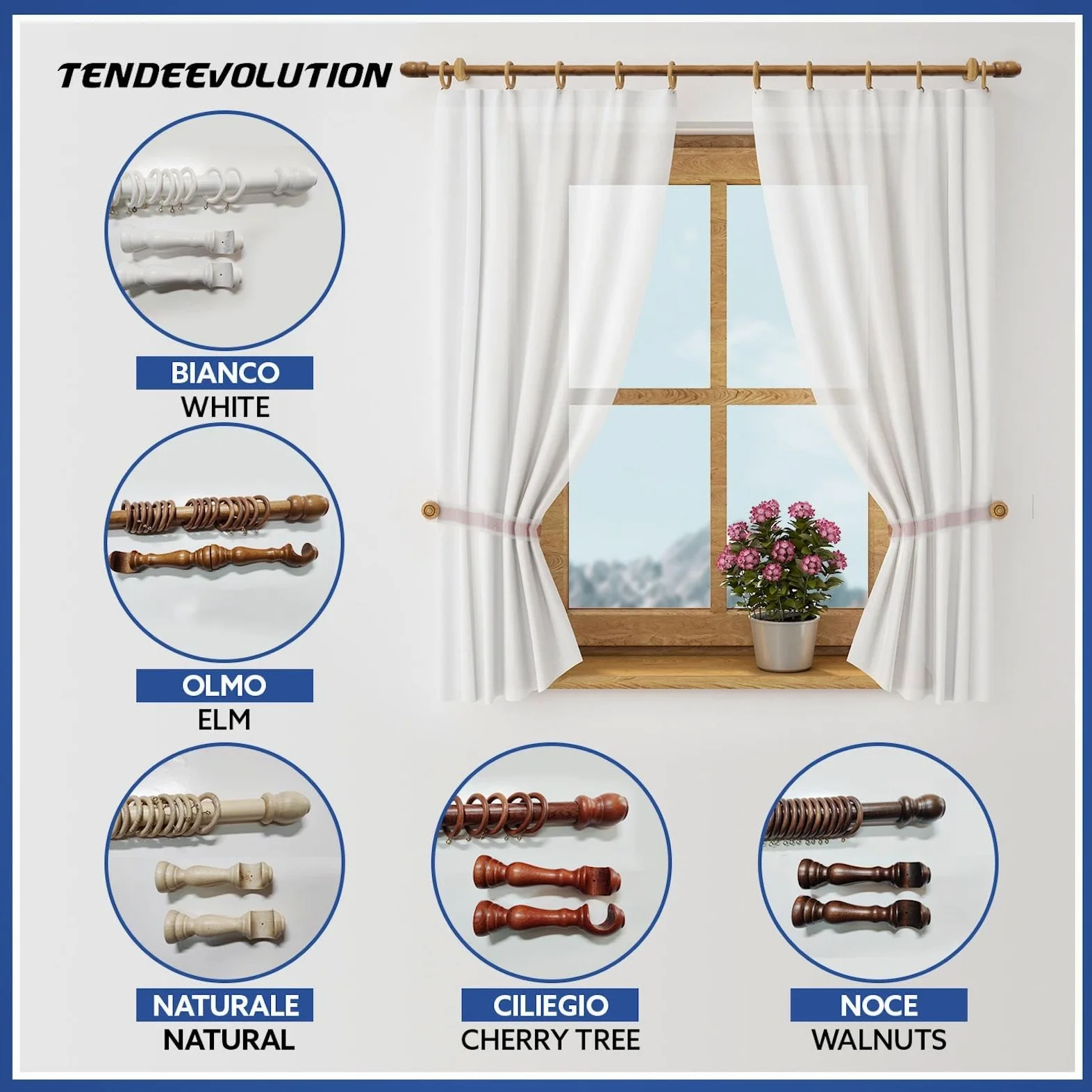 TENDEEVOLUTION Tringle Rideau Bois avec Accessoires, Diamètre 35mm, avec Support Tringle Rideaux Bois inclus. Barre De Rideau Naturel (Orme, 160 CM Avec Corde)