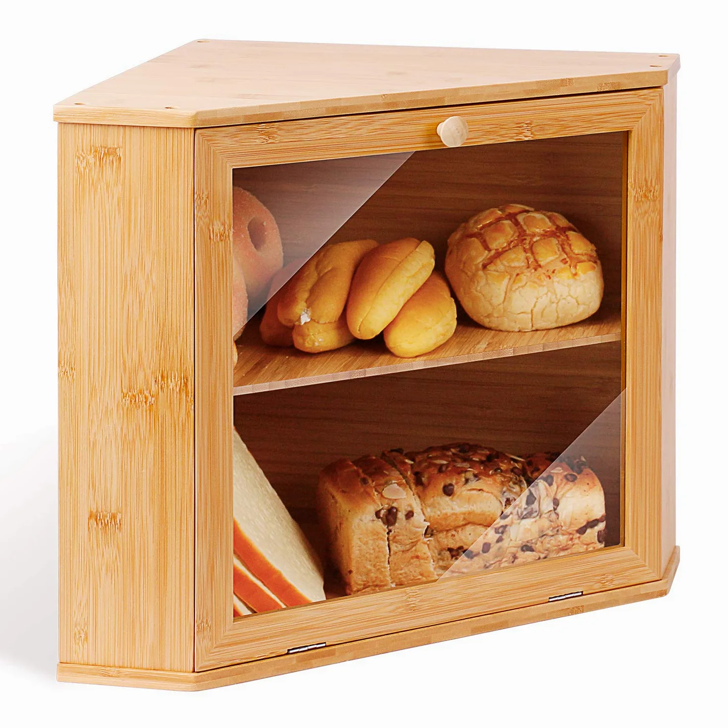 Leader Accessories Boîte à Pain en Bambou 2 Étages d’Angle | Boîte à pain en bambou à 2 étages, design d’angle compact pour pains, baguettes et viennoiseries