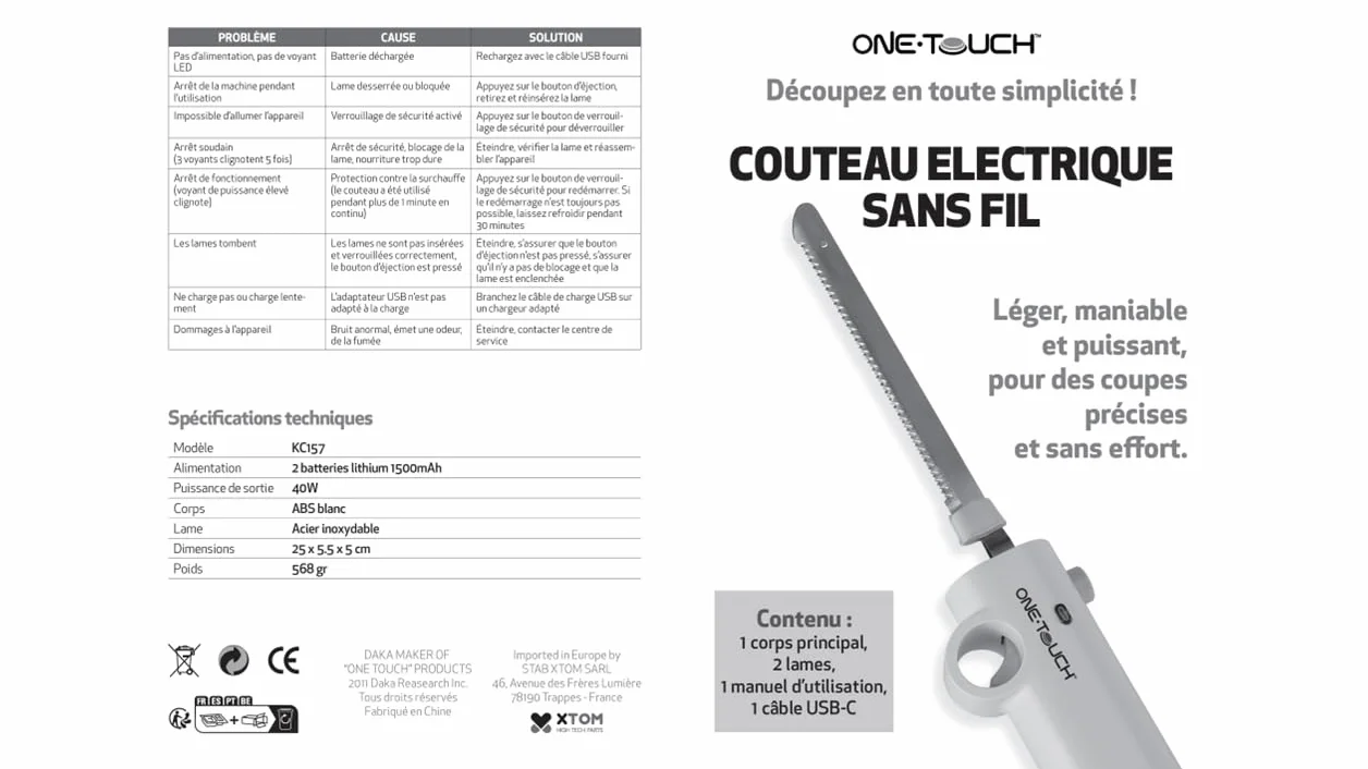Couteau Électrique Sans fil ONE TOUCH KC157 – Découpe Rôtis, Volaille, Pain – Maniement Facile et Sécurisé