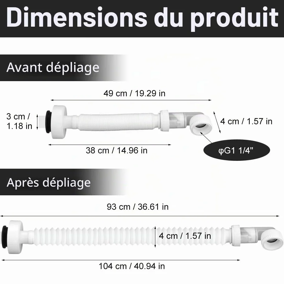 Siphon Lavabo Evier Cuisine 1 1/4 Zoll Plastique Gain de Place Adaptable à l'épreuve des Odeurs Tuyau de Vidange Flexible Universel