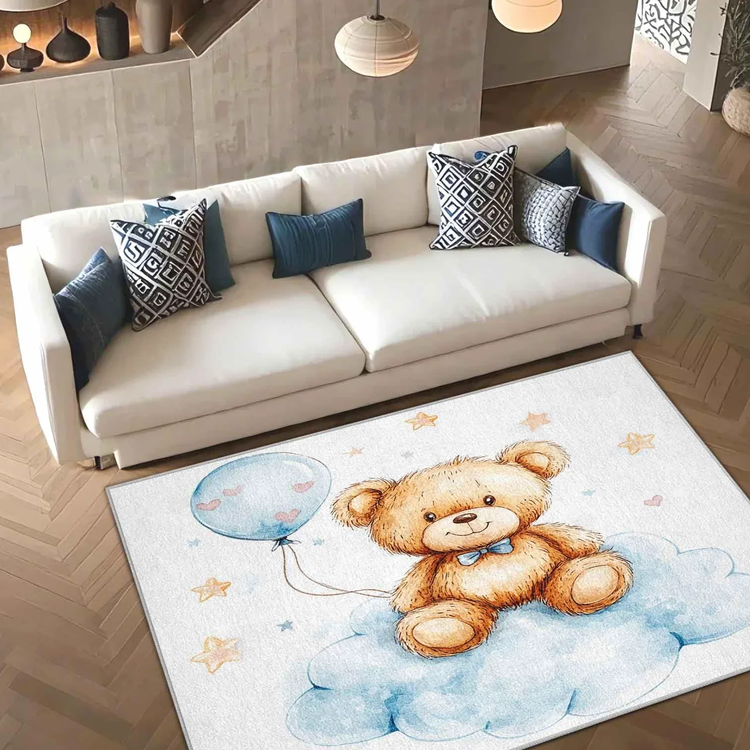 Tapis Ours en Peluche pour Chambre d'enfant, Motif Aquarelle, Ballons, étoiles et Nuages, antidérapant et Lavable pour Chambre de bébé (80 x 140 cm)