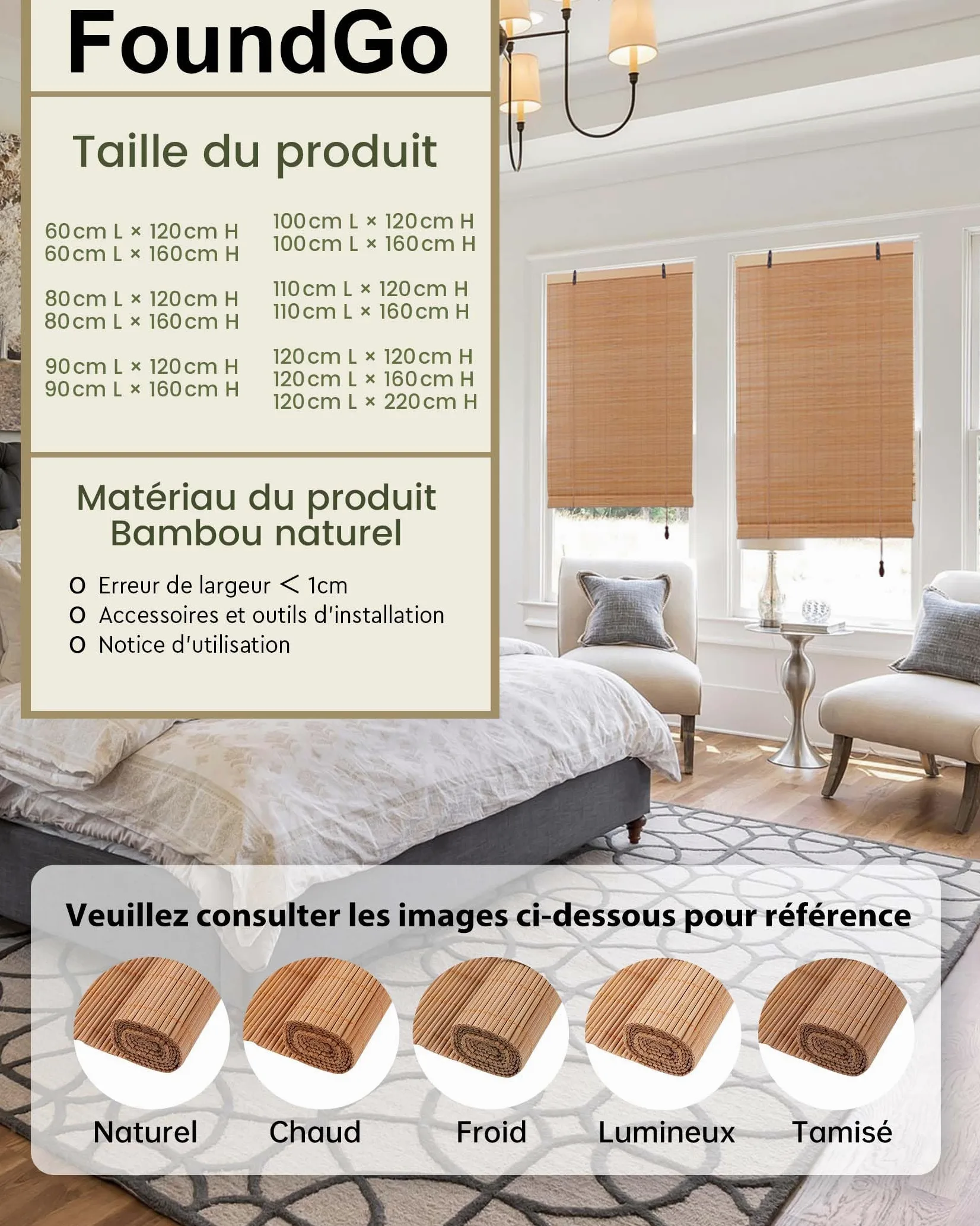 FoundGo Stores en bambou sans perçage - 100 x 120 cm (l x H) - Stores en bois rétro - Stores romains en bambou enroulables - Stores filtrant la lumière pour fenêtres d'intérieur