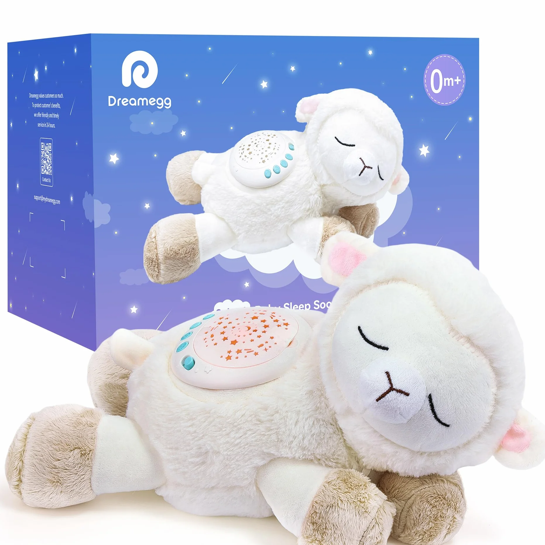 Dreamegg 3-en-1 Jouet Peluche Musical Mouton pour Bébé Sommeil, Veilleuse Bruit Blanc 7 Sons Apaisants, Projecteur Starlight 3 Modèles