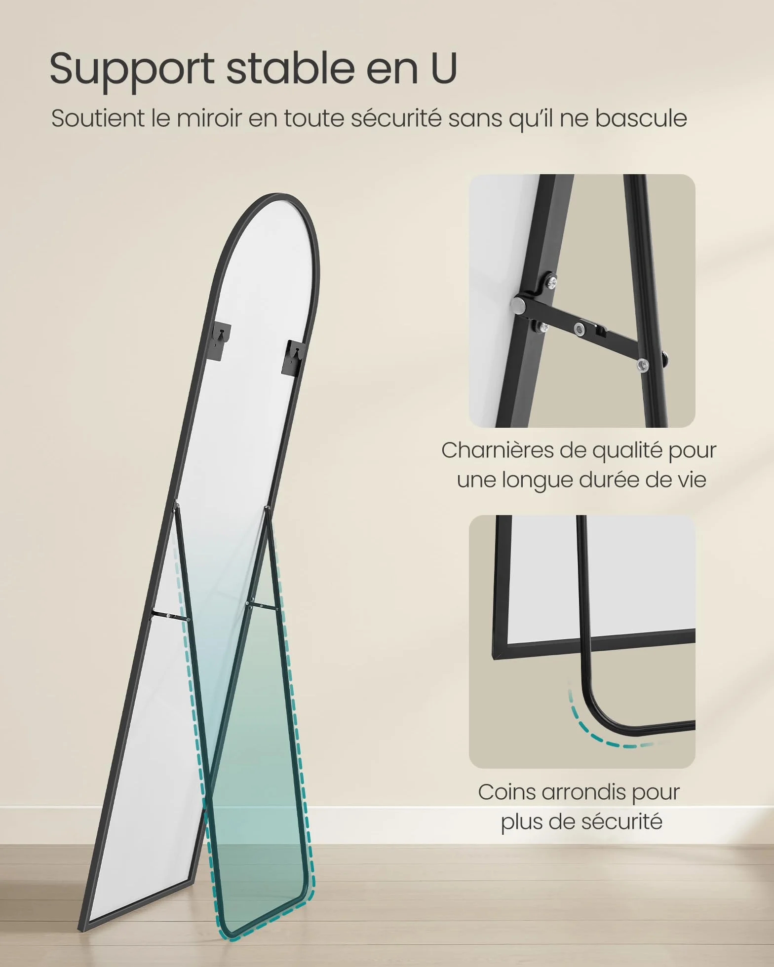 SONGMICS Miroir Intégral 160 x 50 cm Miroir Arqué sur Pied Cadre Alliage Aluminium Verre Trempé Noir