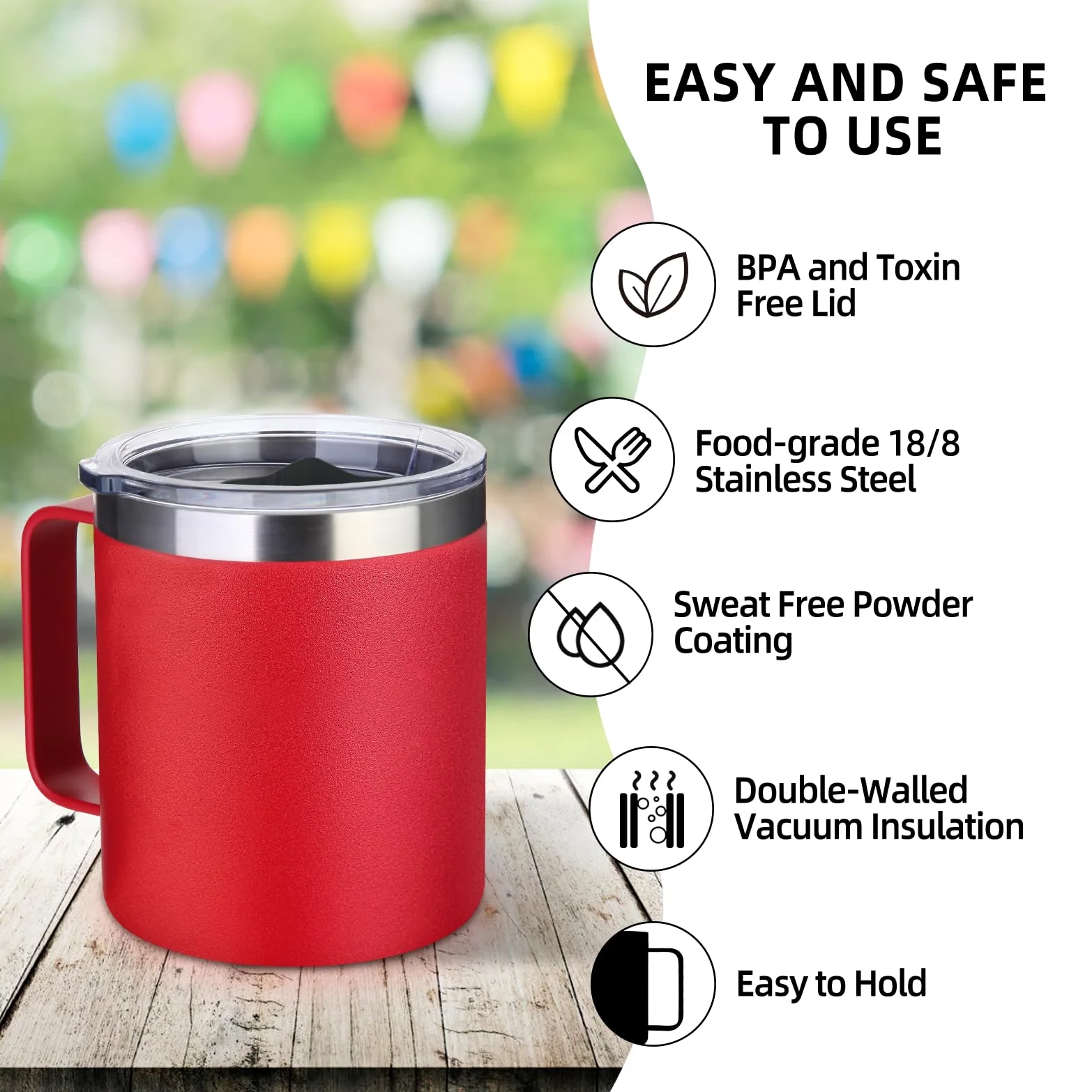 Volhoply Lot de 4 tasses à café isothermes en acier inoxydable avec couvercle – Tasse à café de voyage à double paroi avec poignée – Gobelet isotherme réutilisable en métal pour le camping – Cadeau de