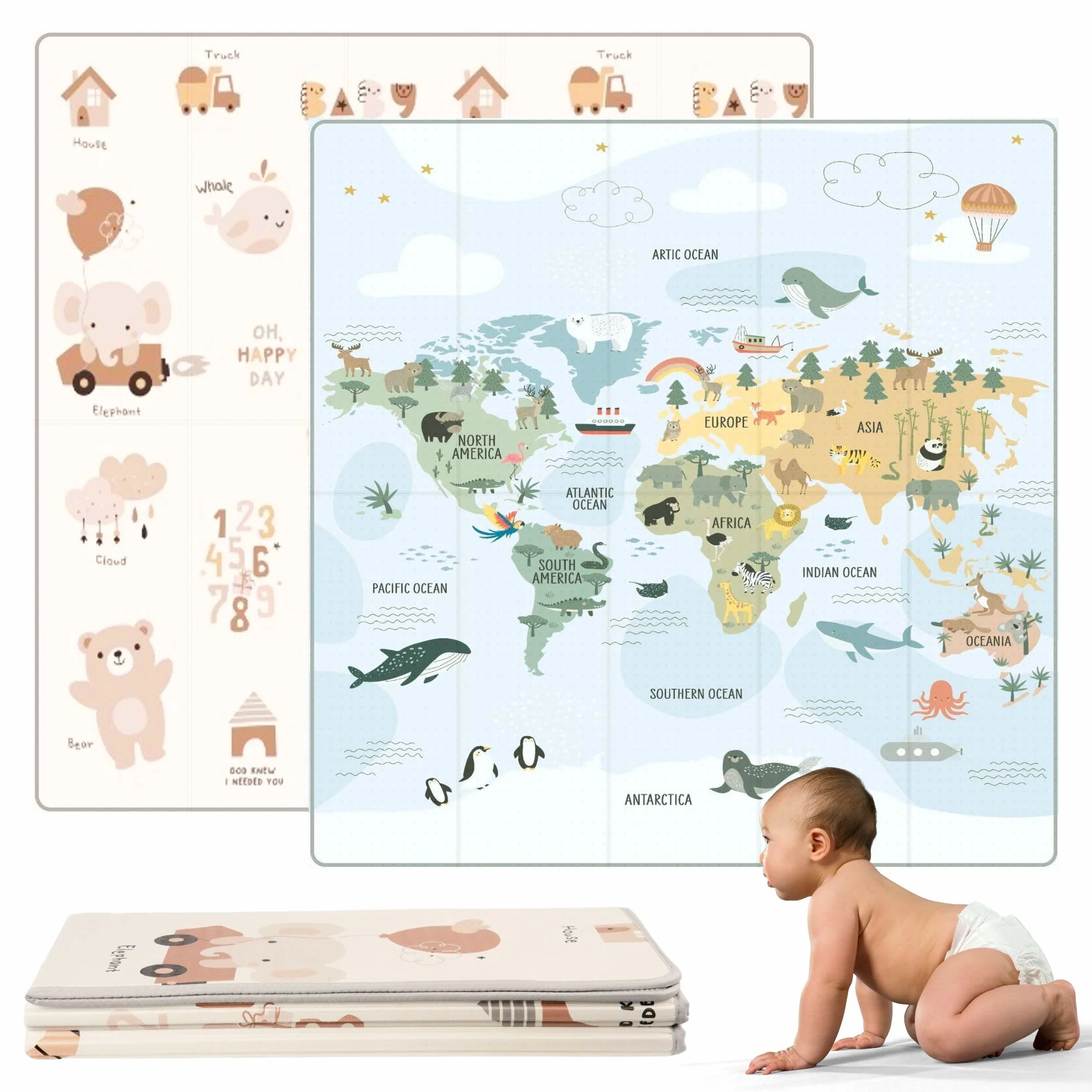 Tapis Bebe Pliable 200x180 Reversible avec Bord Renforcé, Tapis d'Eveil Anti-Chute Lavable (Carte XL)
