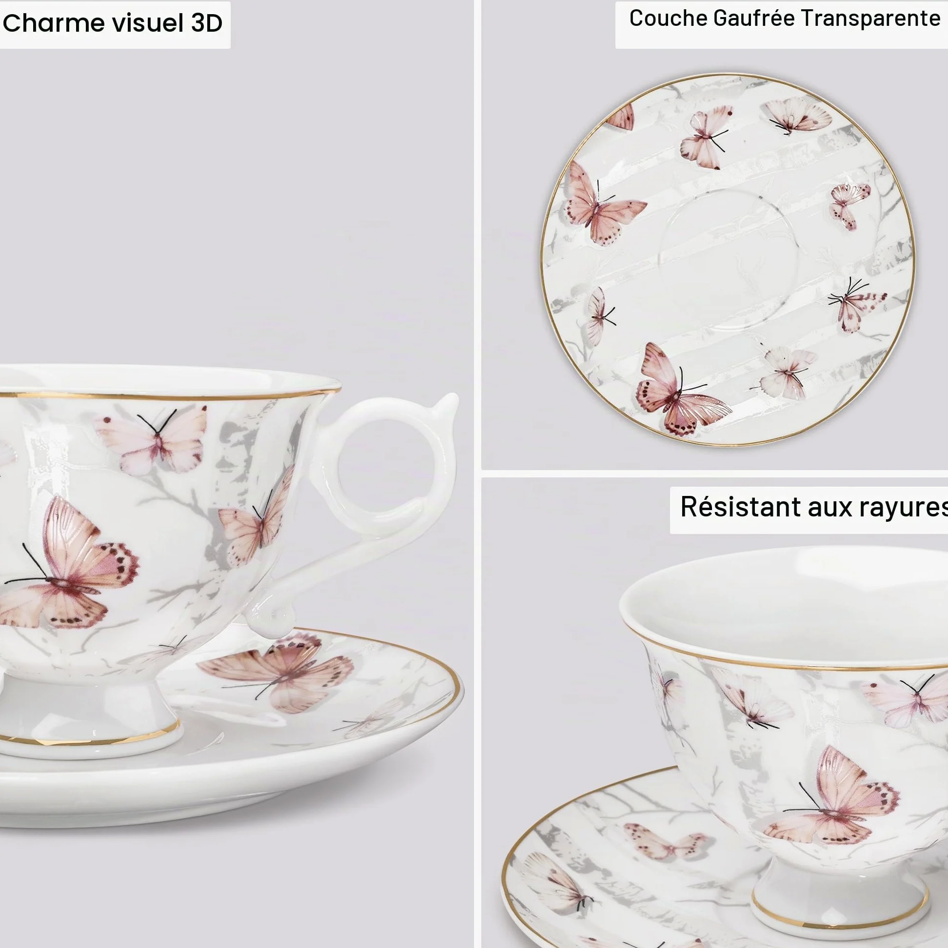 fanquare Elégantes Lot de 6 Ensembles Tasses et Soucoupes en Porcelaine Fine 180ml, Set de Tasses et Soucoupes Motif Papillon Rose clair avec Bord Doré Thé et Café pour Maison Cuisine Mariage