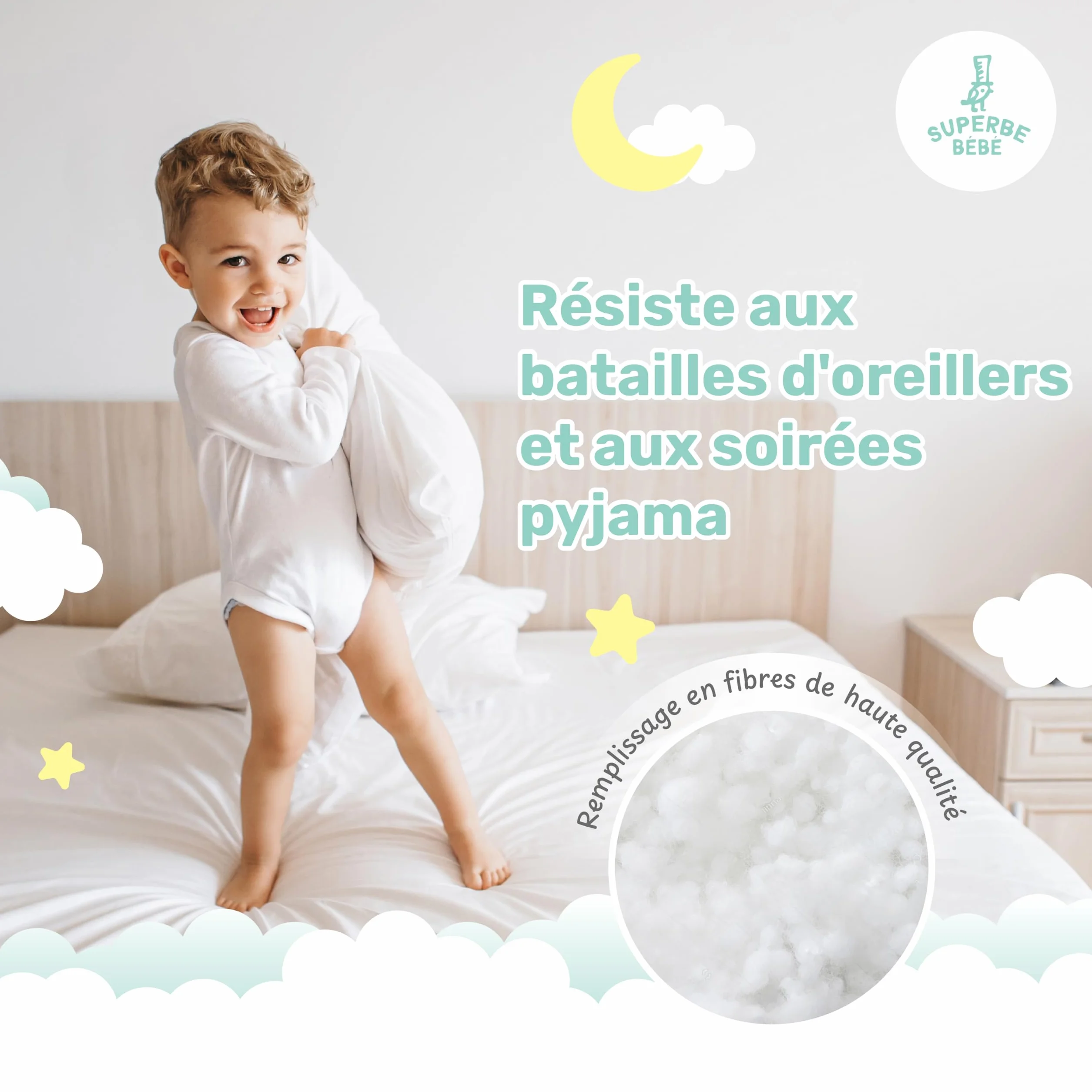 Oreiller Enfant 40x60 cm Coton Oeko-TEX Coussin Bebe Hypoallergénique Lavable en Machine