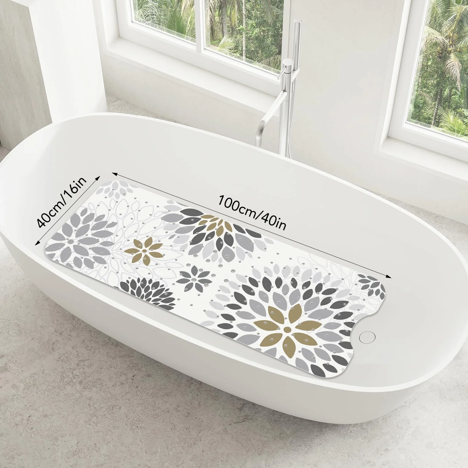 Tapis de Bain Antidérapant 100 x 40cm, SHUCHING, Lavable en Machine et Résistant à la Moisissure, Sans BPA, Fleurs Grises