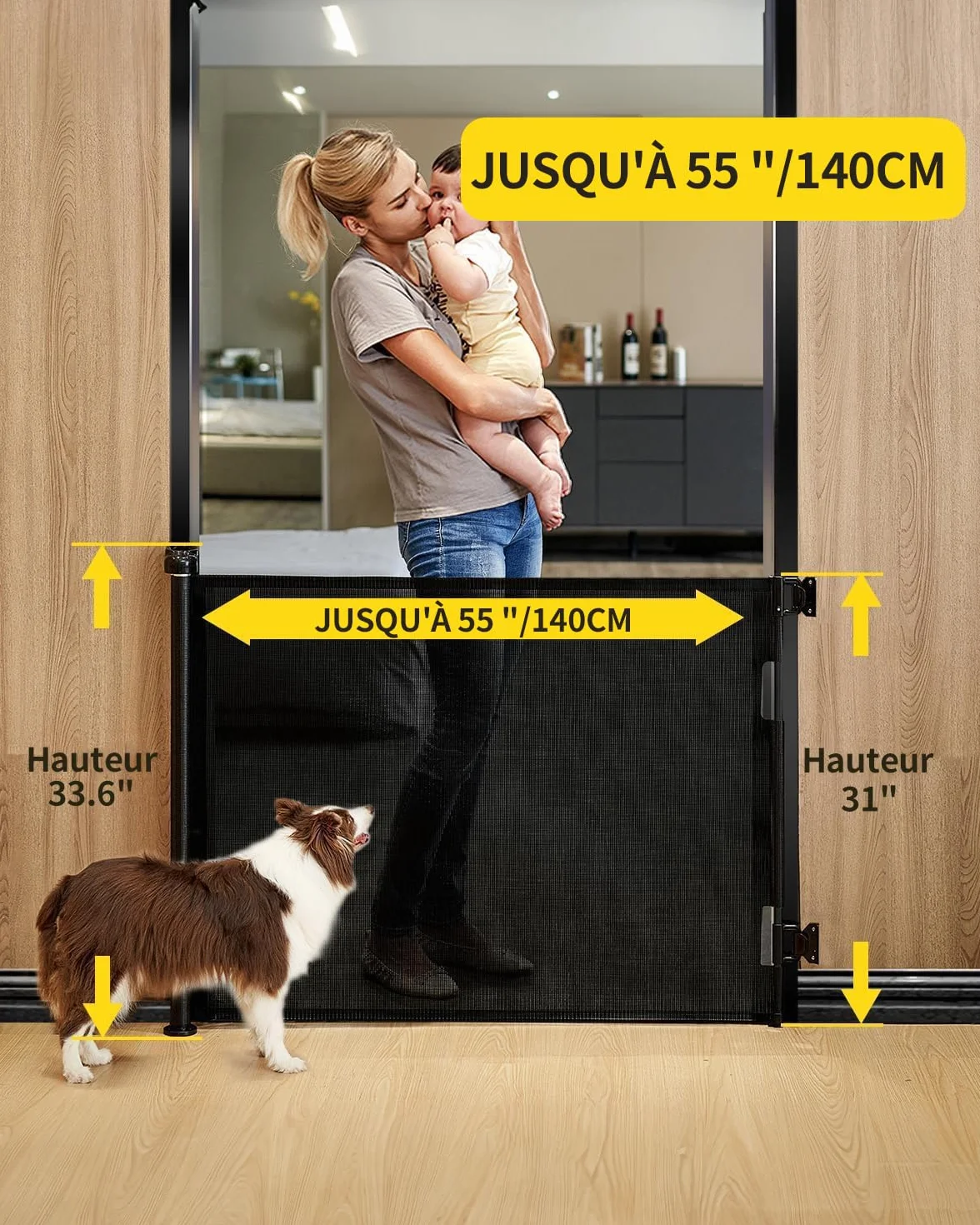 Barrière de Sécurité Enfant Extensible Rétractable 0-140cm - Barrière Escalier Enfant et Chien Intérieur/Extérieur Noir
