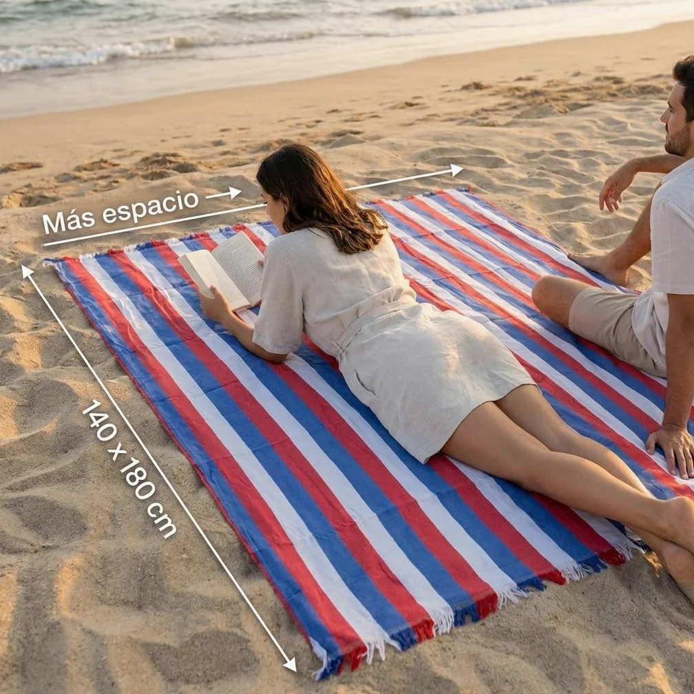 Pincho Lot de 2 grandes serviettes de plage avec pinces pour sable avec 4 pièces, anti-sable et séchage rapide XL 140 x 180 cm, rayures multicolores pour piscine et camping, avec franges
