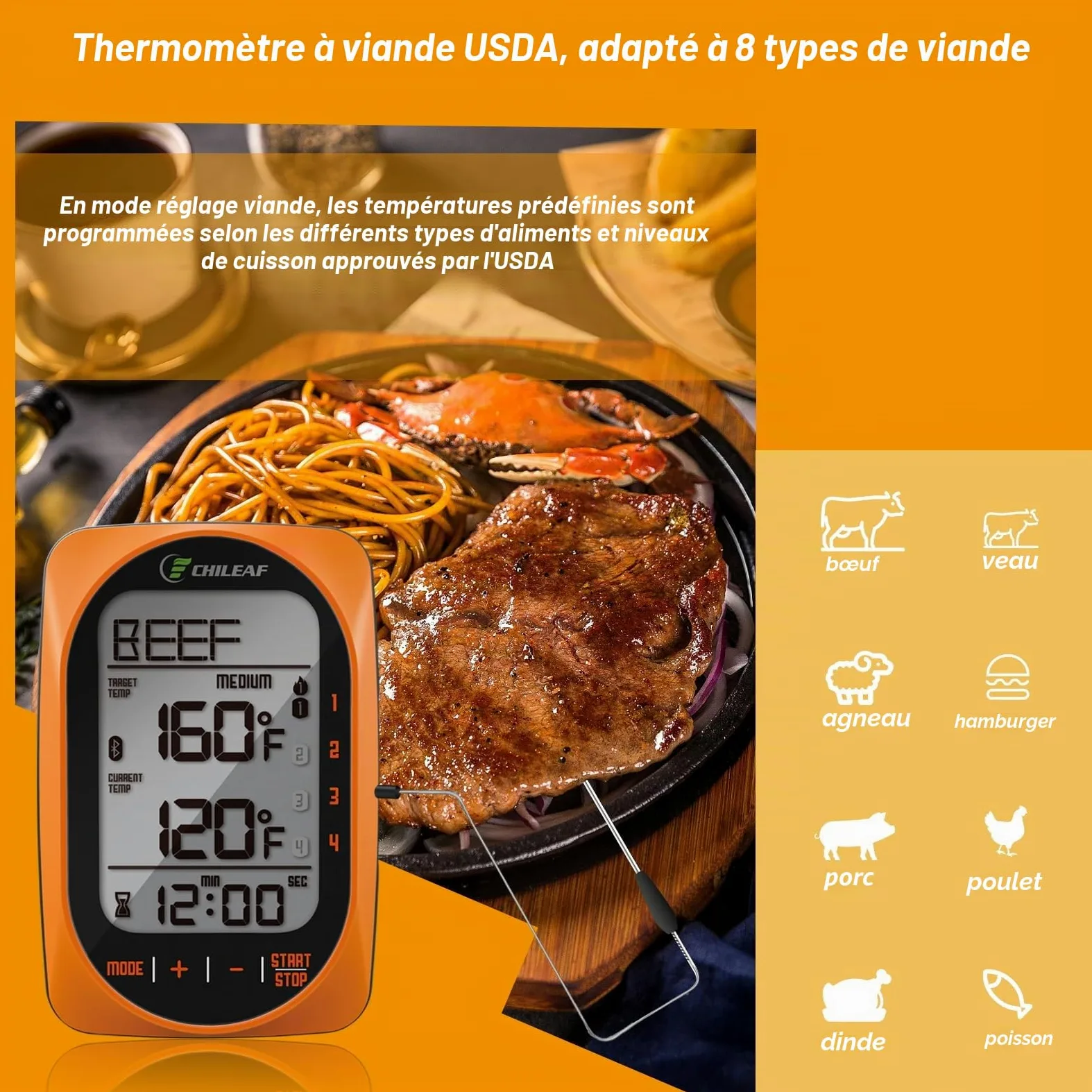 Meat Thermomètre numérique instantané avec 4 modes d'échantillons de mode temporisation pour barbecue, bonbons, aliments et fumoirs