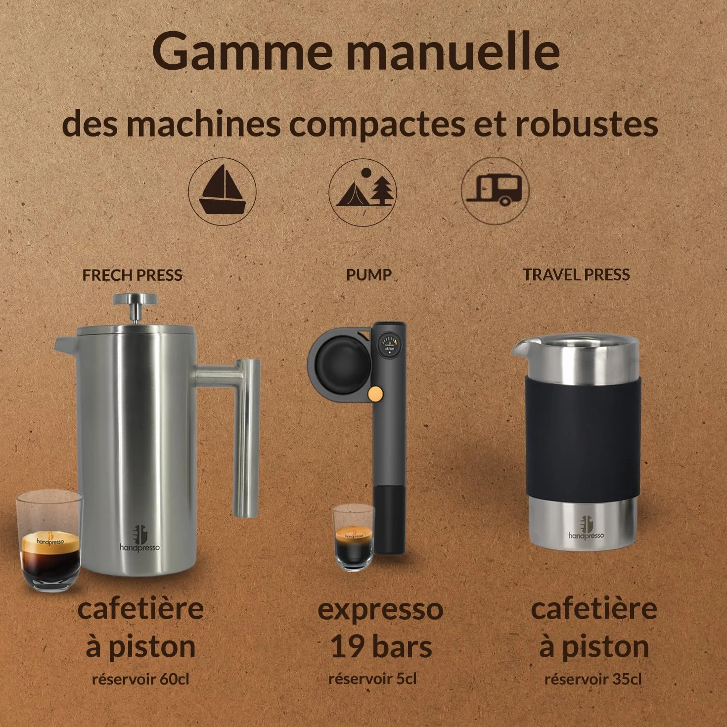 Handpresso Travel Press cafetiere a piston compacte INOX double paroi isolante 0,35 l 3 Tasses mini cafetiere portable voyage